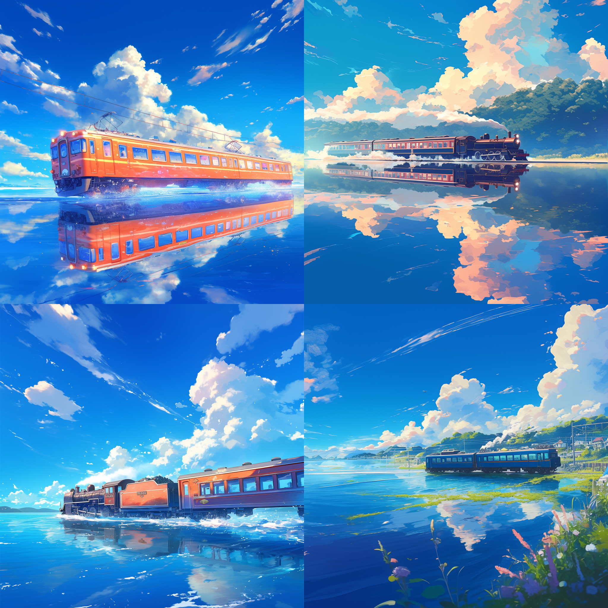 火车在水面上飞驰，宫崎骏动画风格，开阔视野，蓝天白云背景，长曝光效果，水面波光粼粼，动态模糊，鲜艳色彩，蒸汽机车，童话氛围。