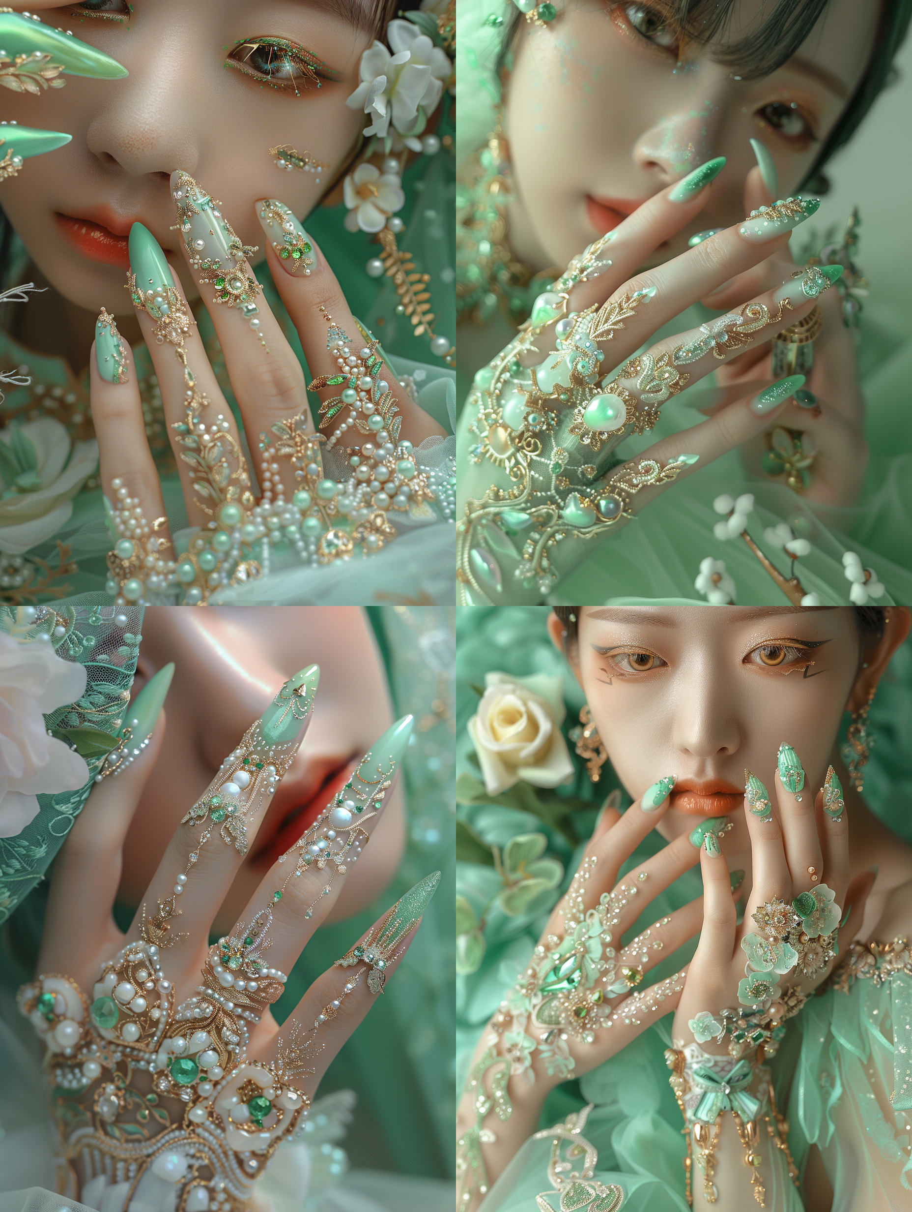 仙女美学，长指甲，浅绿色调美丽面容，洛可可风格，锋利金属龙爪，愤怒与厌恶表情，精致复杂，迪士尼风格，花札，惊艳色彩，细节锐利照片，细高跟鞋，小丑主题，仙宫背景。