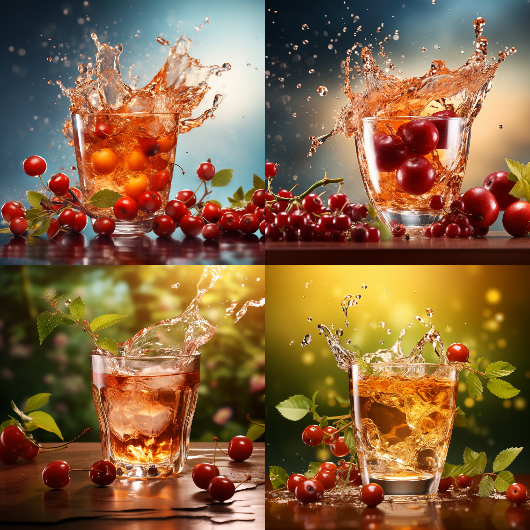 电商配图场景，透明玻璃杯中装满棕红色山楂汁，山楂汁飞溅，清爽夏日风格，夸张形状，高分辨率，动态捕捉，色彩和谐，景物拍摄，干净背景，侧光，快速快门，活力四射。