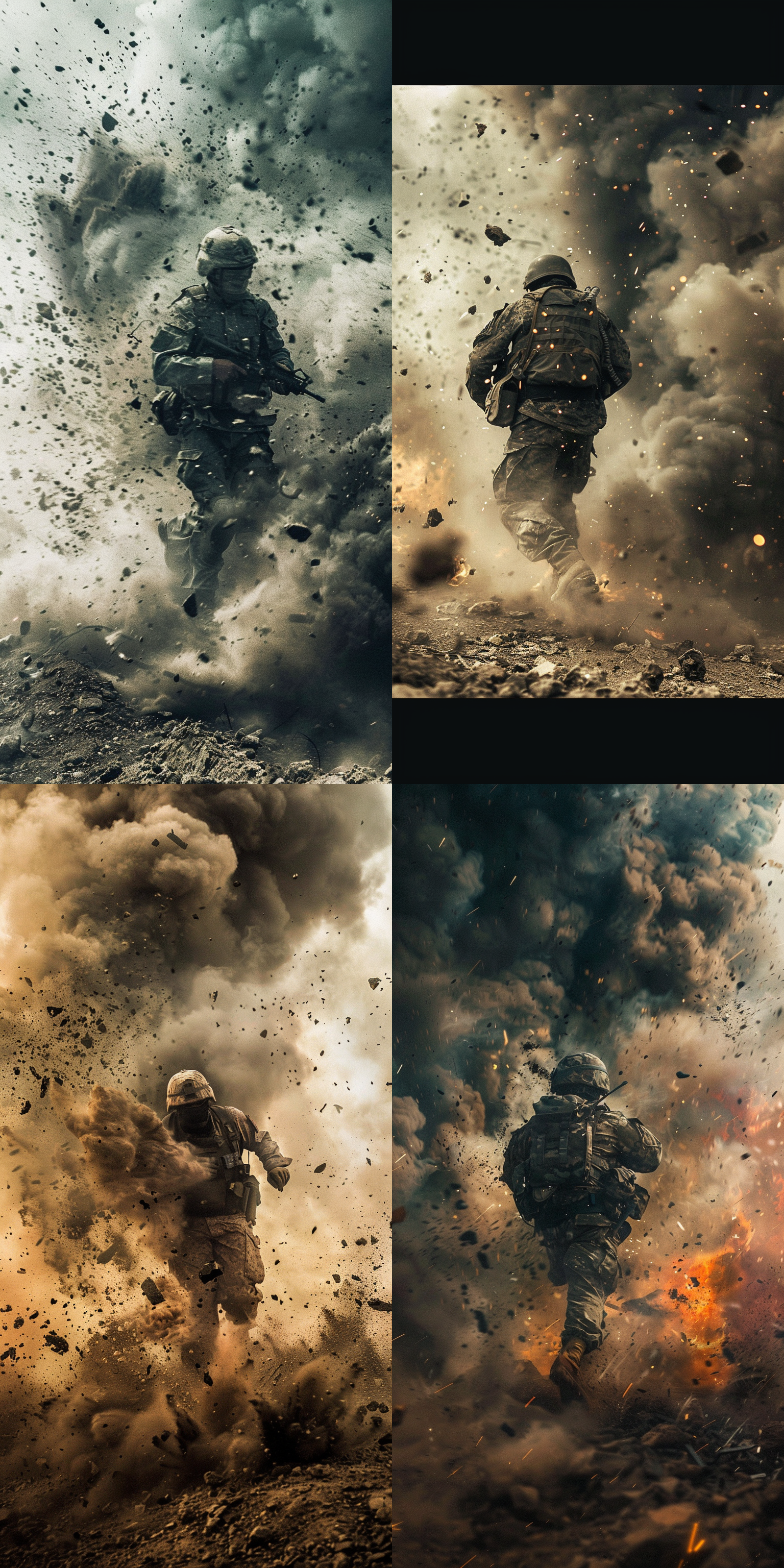 战争场面，军人被炸飞，多处受伤，残垣断壁，硝烟弥漫，动态对焦，高速快门，高清摄影，激烈战斗，爆炸场面，广角镜头，侧光，暗色调，紧张，痛苦。