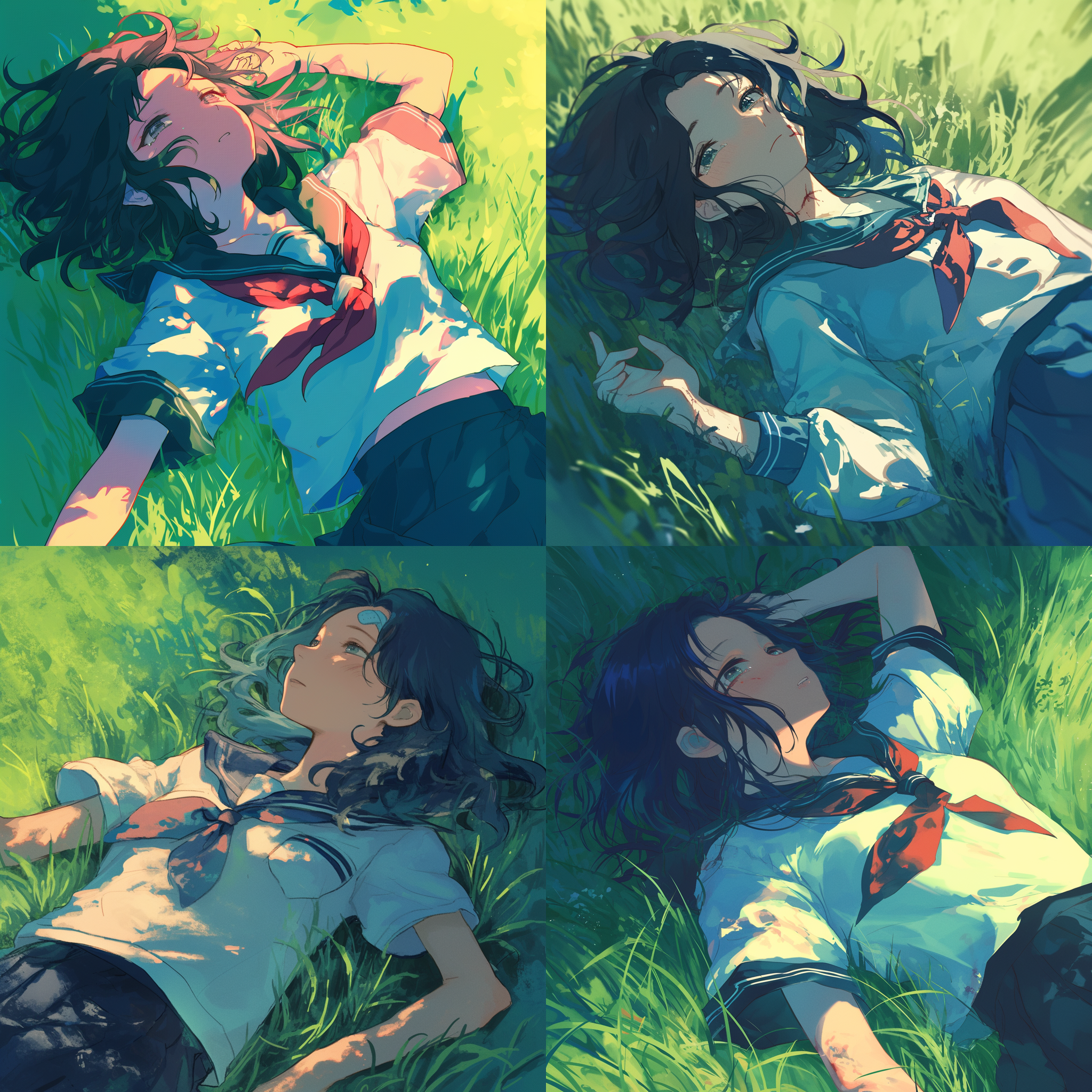 高中校服女孩，头部受伤，西山凌乱，躺在草地上，仰视角度，自然光，柔和阴影，长焦镜头，悲伤表情，草地细节，淡蓝色调，孤独感。