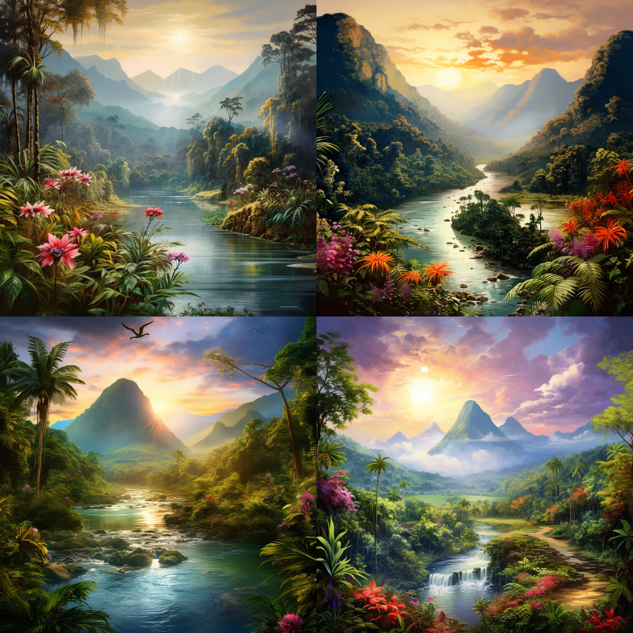 热带丛林景观，山川河流，太阳云朵，热带绿植花，绘画风格，全景构图，鲜艳色彩，自然光线，长焦镜头，细节丰富，生机勃勃，宁静和谐。