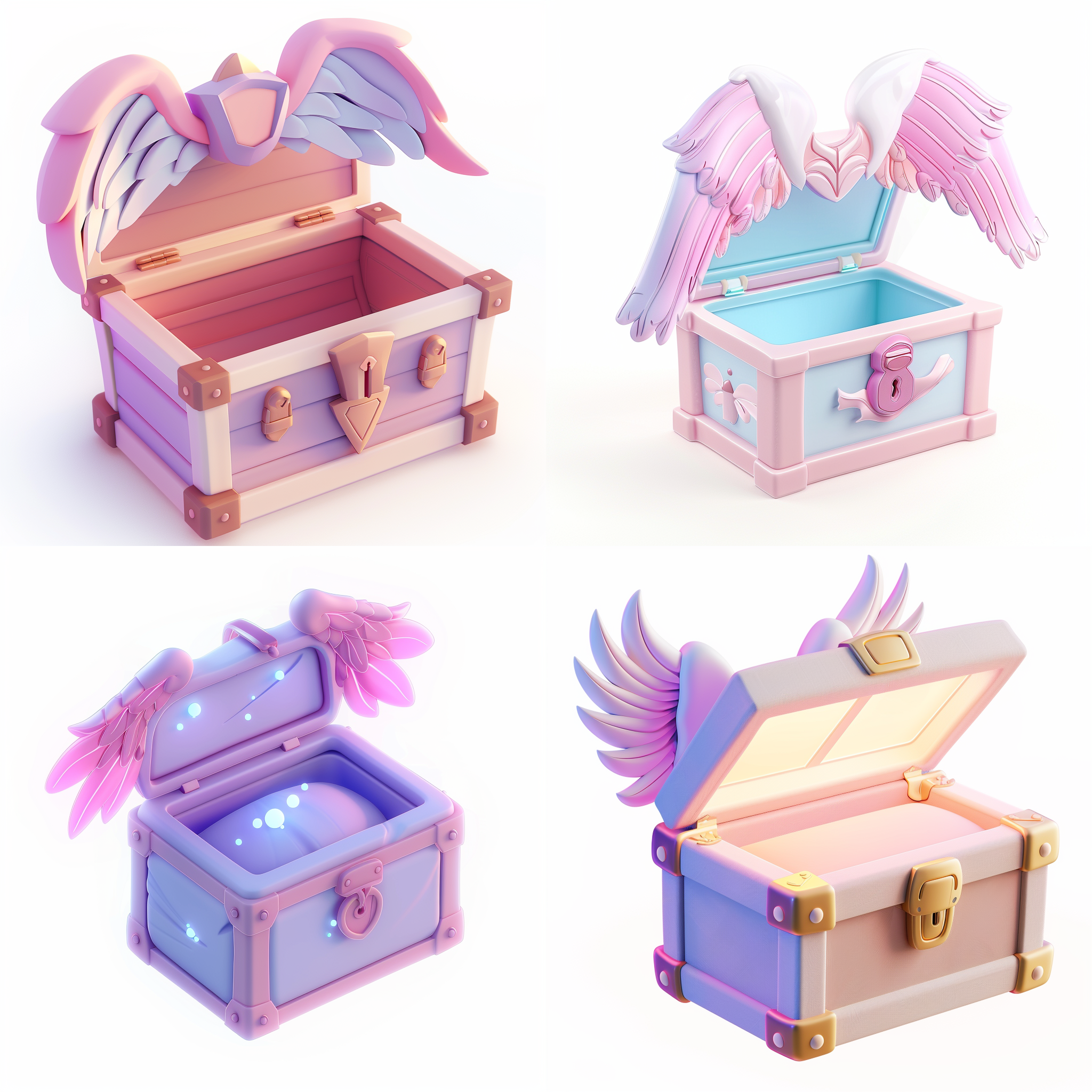 打开的宝盒3d图标，卡通风格，粘土材料，翅膀装饰，光滑有光泽，任天堂风格，等距视角，淡粉色与淡蓝紫色搭配，聚光灯效果，白色背景，简洁设计，突出细节，高质量，高清，3d渲染，高分辨率，8k，柔和光线，立体感强。