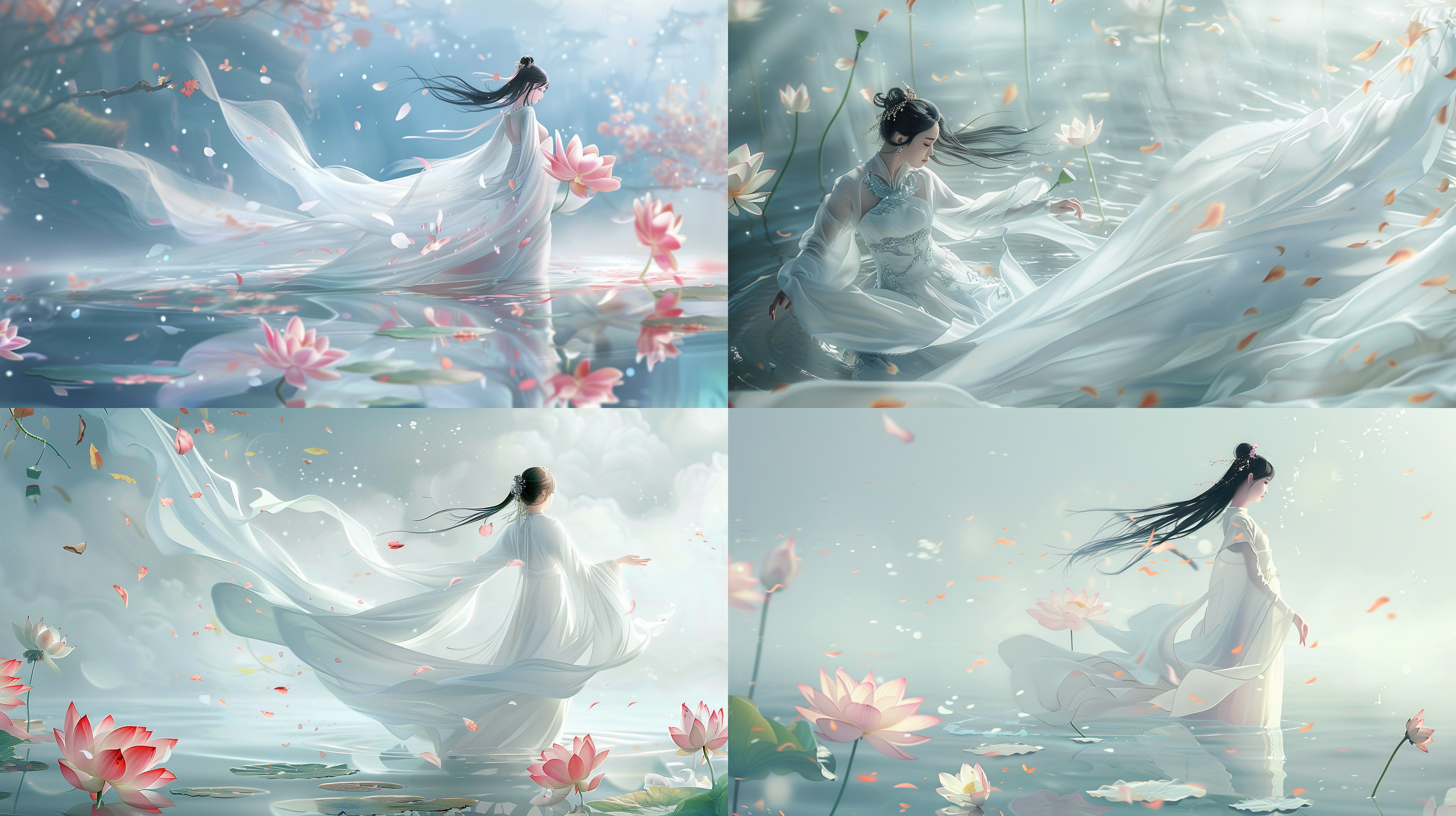 中国女人，莲花瓣，动漫风格，磨砂玻璃背景，白色长袍飘逸，落叶点缀，莲花盛开，水面反射，硅藻细节，dribbble设计，丝绸在风中舞动，灵感源自alvan fisher，柔和光线，梦幻色彩，静谧氛围。