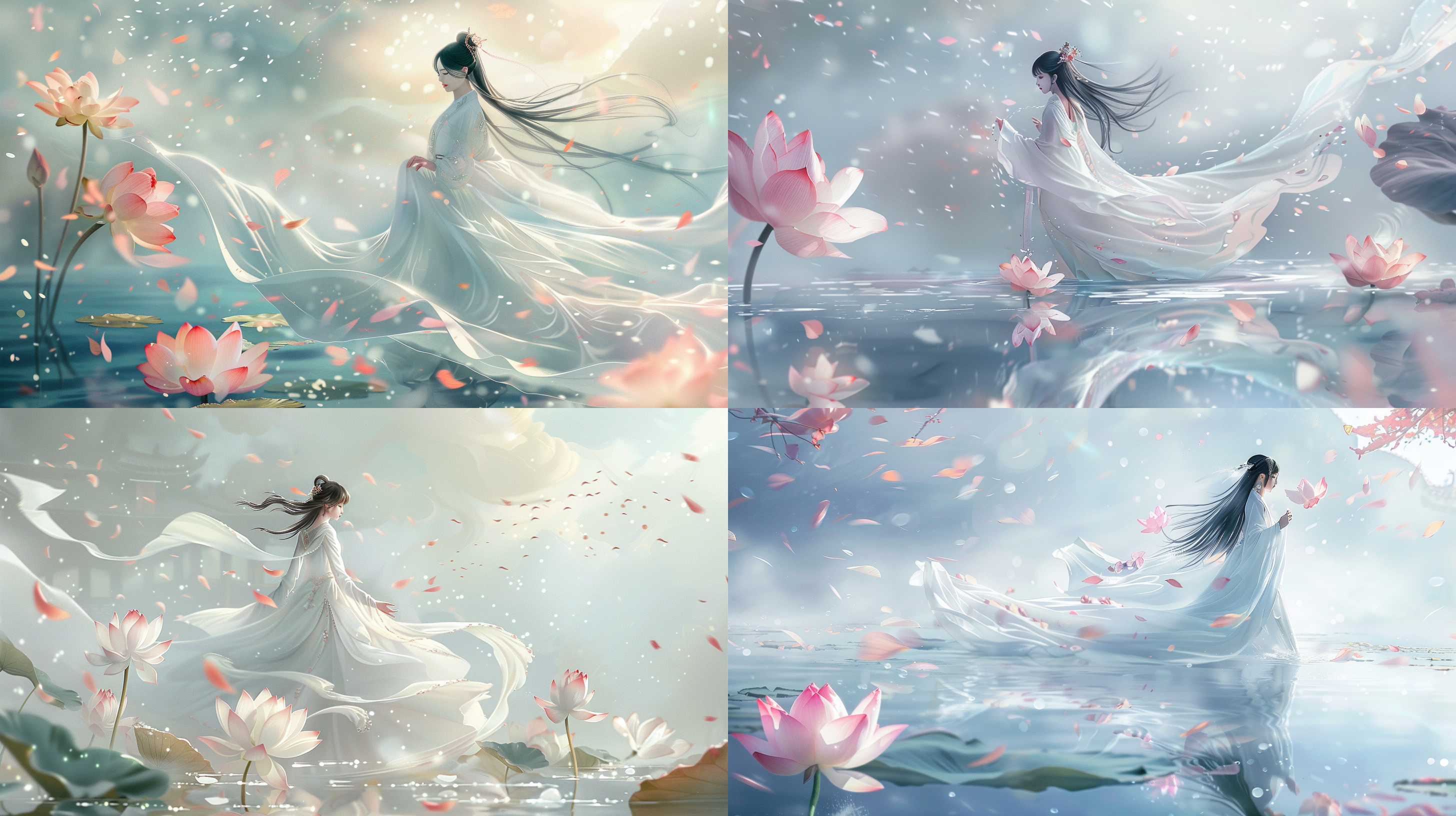 中国女人，莲花瓣，动漫风格，磨砂玻璃背景，白色长袍飘逸，落叶点缀，莲花盛开，水面反射，硅藻细节，dribbble设计，丝绸在风中舞动，灵感源自alvan fisher，柔和光线，梦幻色彩，静谧氛围。
