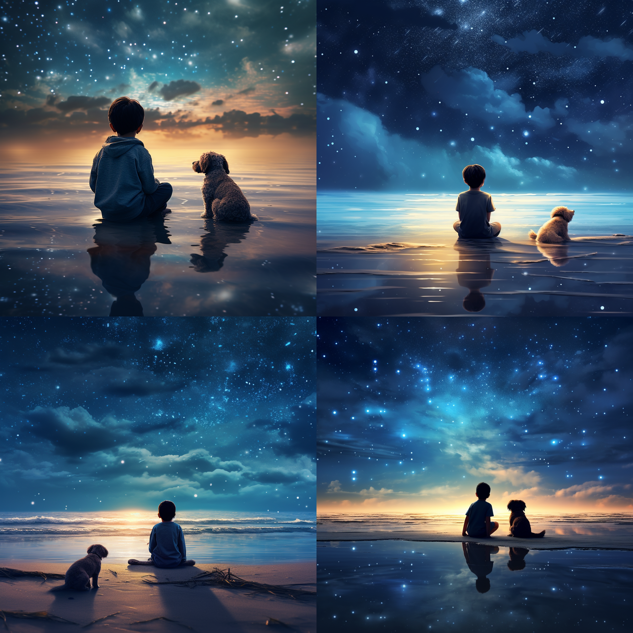 小男孩与狗狗对坐沙滩，水面倒影，星云星空背景，广角镜头，体积照明，低角度拍摄，柔和光线，动漫风格，静谧氛围，温馨互动，蓝色调，细腻纹理。