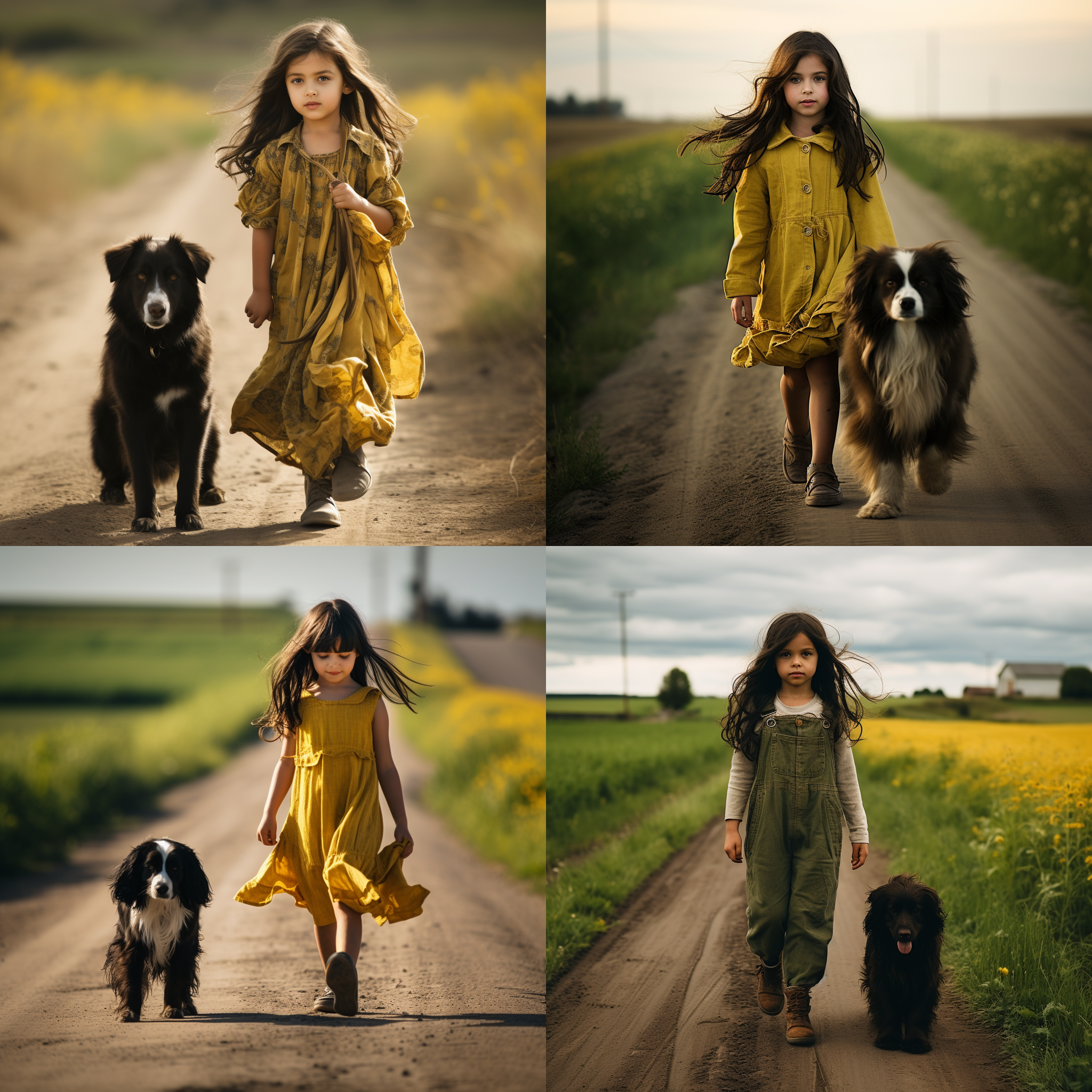 绿色田野，微风轻拂，小女孩黑色长发飘扬，站在乡间小路，黄色小狗陪伴，自然光，远景，柔和色调，长焦镜头，静谧，和谐，温馨。