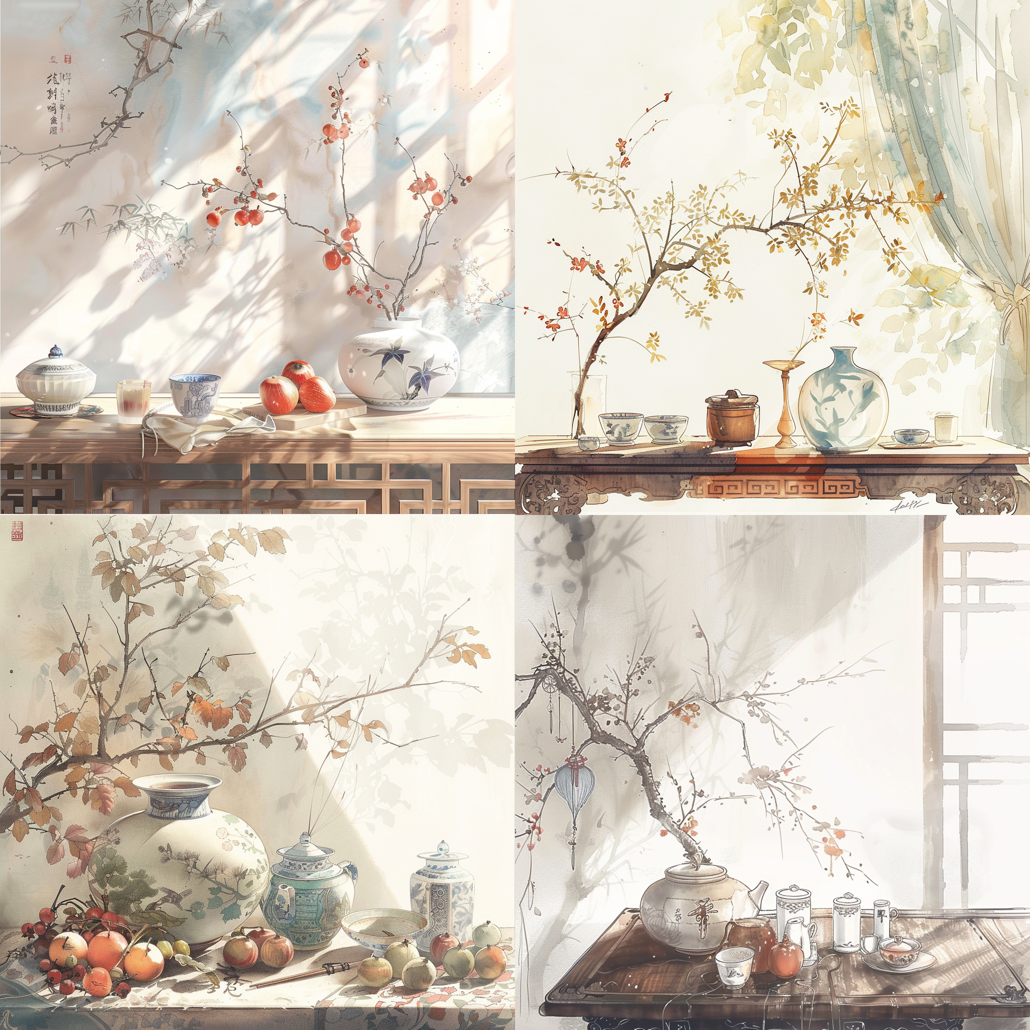 罗汉果、胖大海、菊花插画，古风色彩丰富，光影交错，中国传统元素，优雅大气，背景纯白，清晰细节，水彩画风，柔和光线，静物构图，细腻笔触，和谐平衡，温暖色调，自然光。