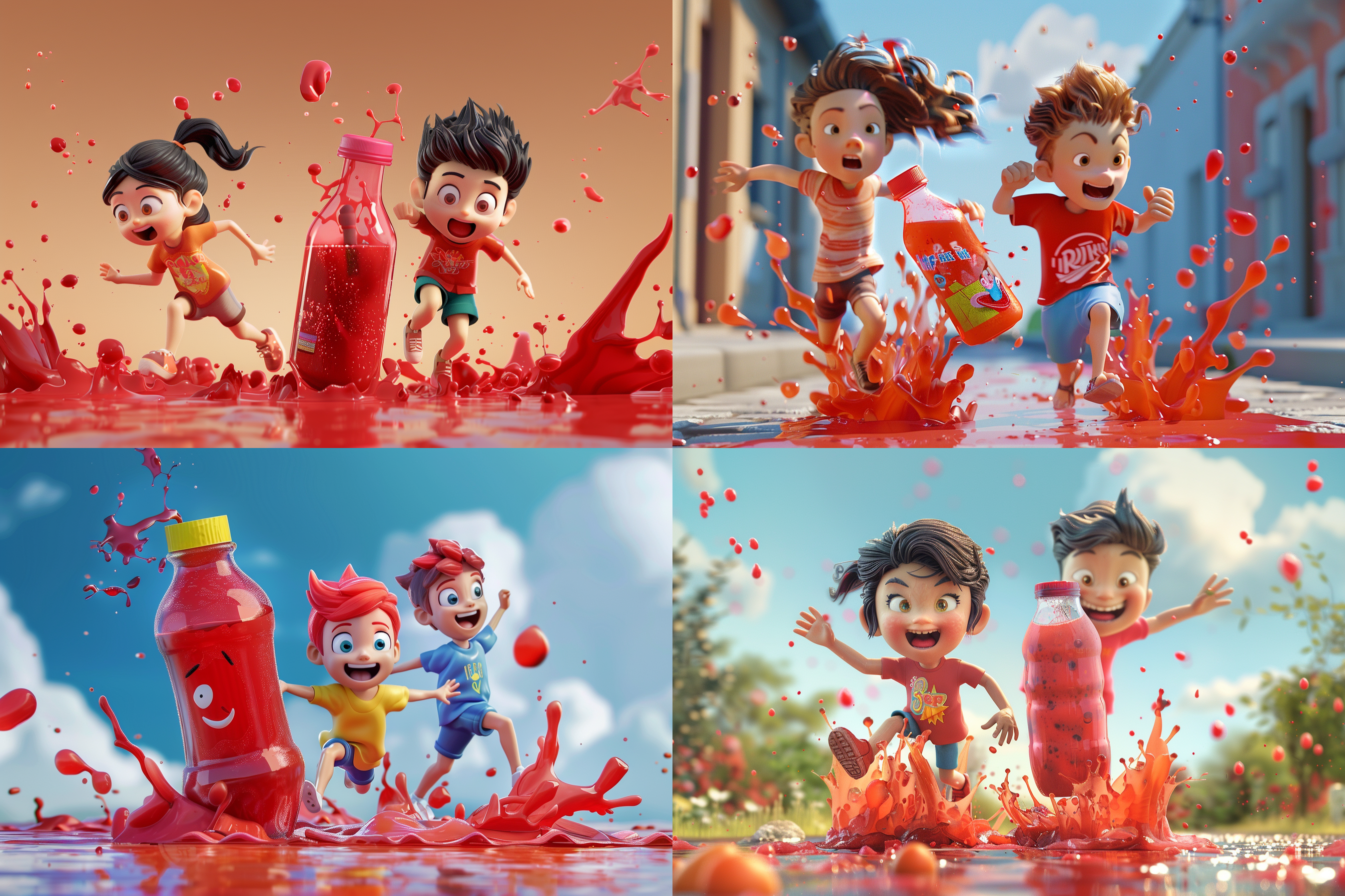 3d卡通游戏场景，透明塑料瓶装满红色杨梅汁，红色杨梅汁飞溅，小男孩小女孩奔跑，干净背景，皮克斯动画风格，夸张形状色彩，夸张动作，艺术站热门，高分辨率，动态捕捉，鲜艳色彩，活泼表情。
