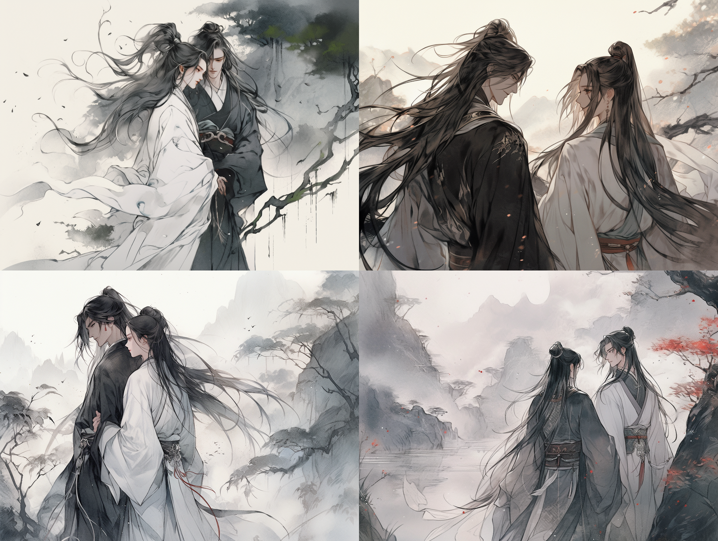 中国古代仙侠情侣，并排站立，正视前方，古代服饰，飘逸长袍，柔和侧光，山水背景，水墨画风，静谧氛围，淡雅色彩，深情对望。