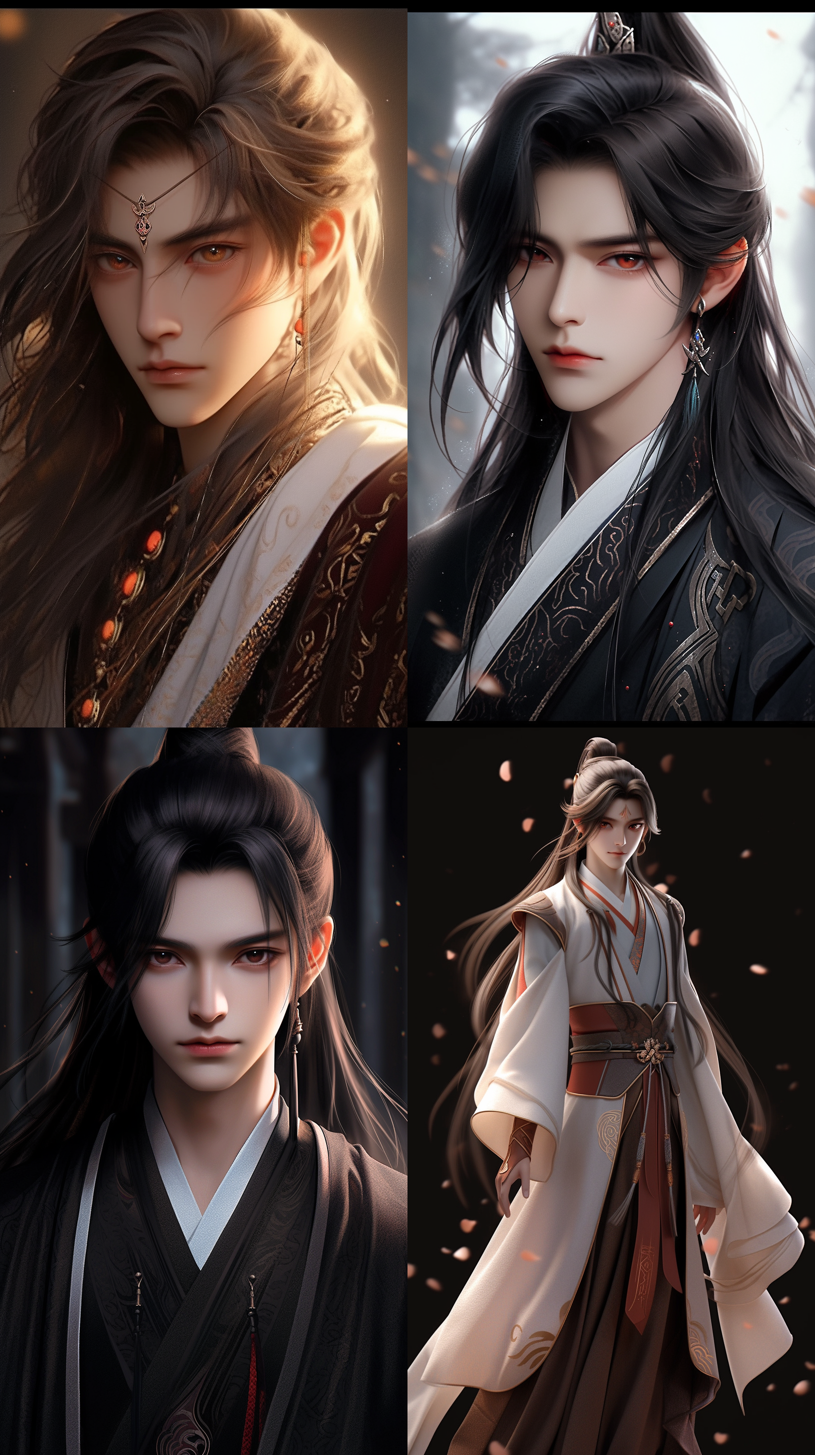 中国古代年轻男子，超级帅气精致面容，细长眉毛，奶茶色长发，简易头饰，金色眼睛，极尽逼真，超清8k画质，中国风，对称脸型，黑色繁琐古装，正视图，全景透视，玄幻世界，高光细节，柔和光线，神秘氛围。