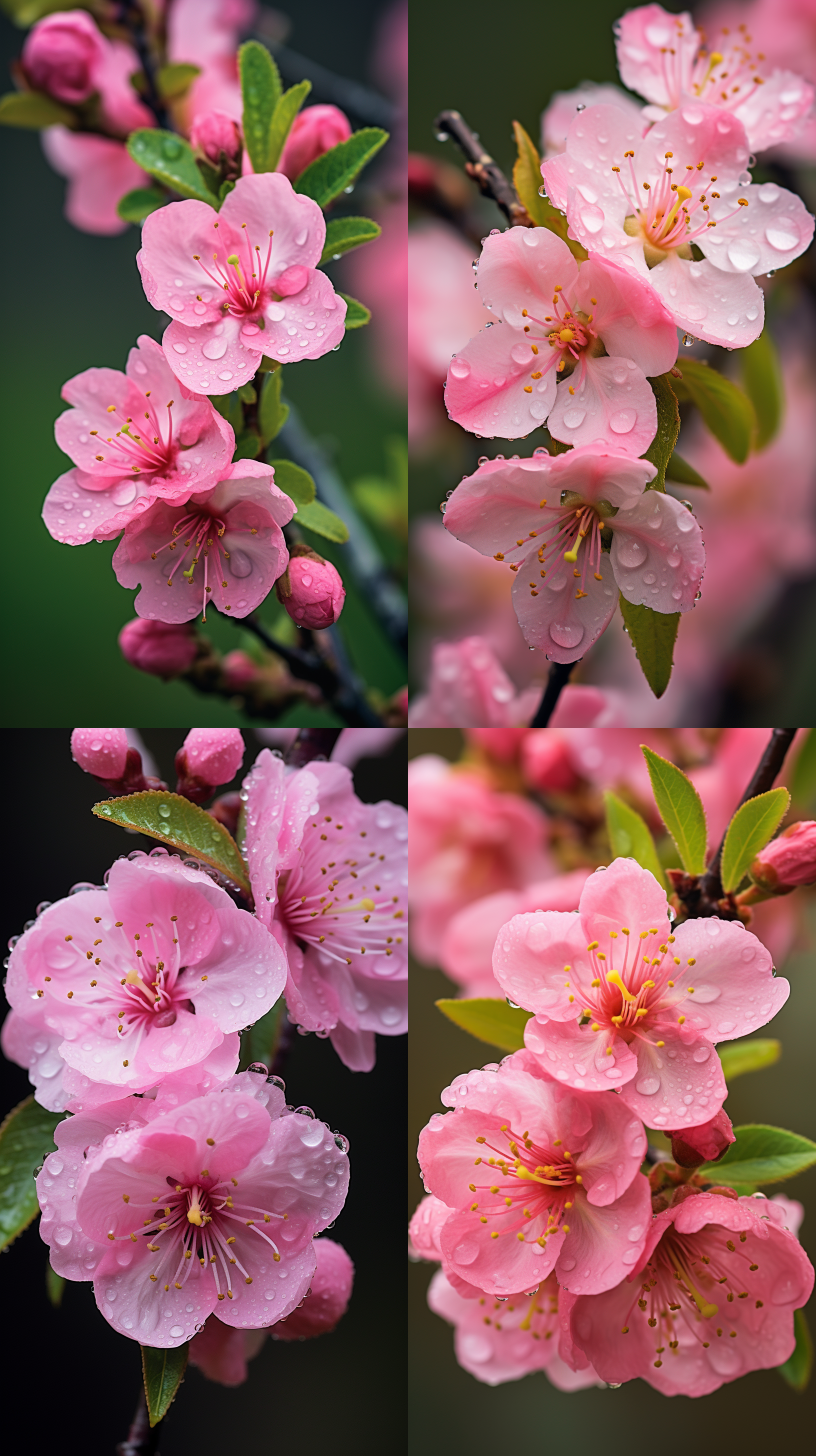 桃花盛开，粉色花海，雨滴点缀，高清细腻，绿色草地，自然光，柔焦效果，微距镜头，静谧，生机勃勃。