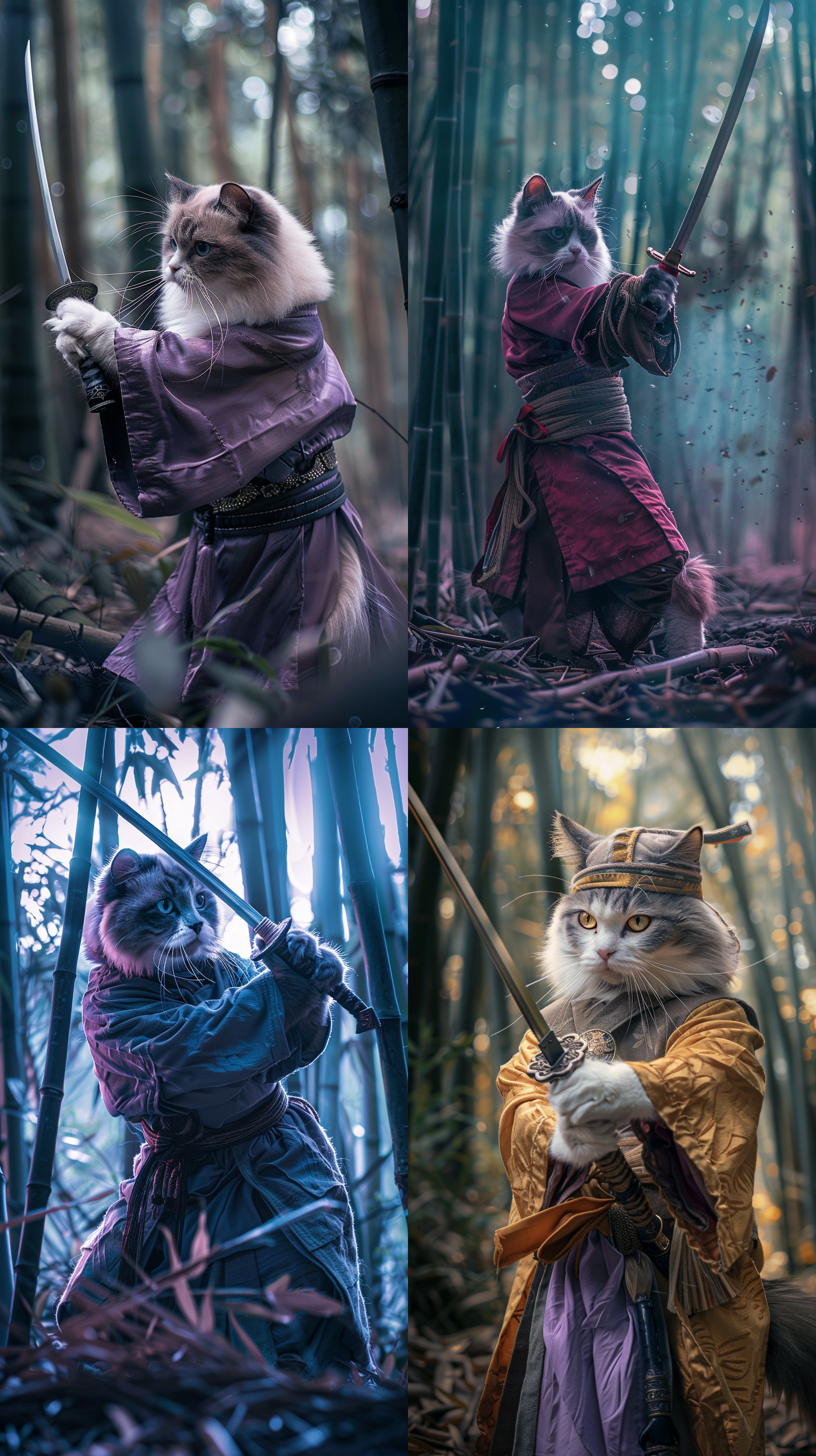 布偶猫古装侠客服饰，林中持剑，紧张氛围，漫画3d效果，中心构图，暗色调，长焦镜头，侧面光，动作凌厉，细节丰富，生动对比，紫色调，激烈情绪，电影风格，森林，正视，电影灯光，幻想四季，全身角色，武侠，汉服，竹子，生气。 废墟 全身 电影灯光 镜头光晕 古代中式