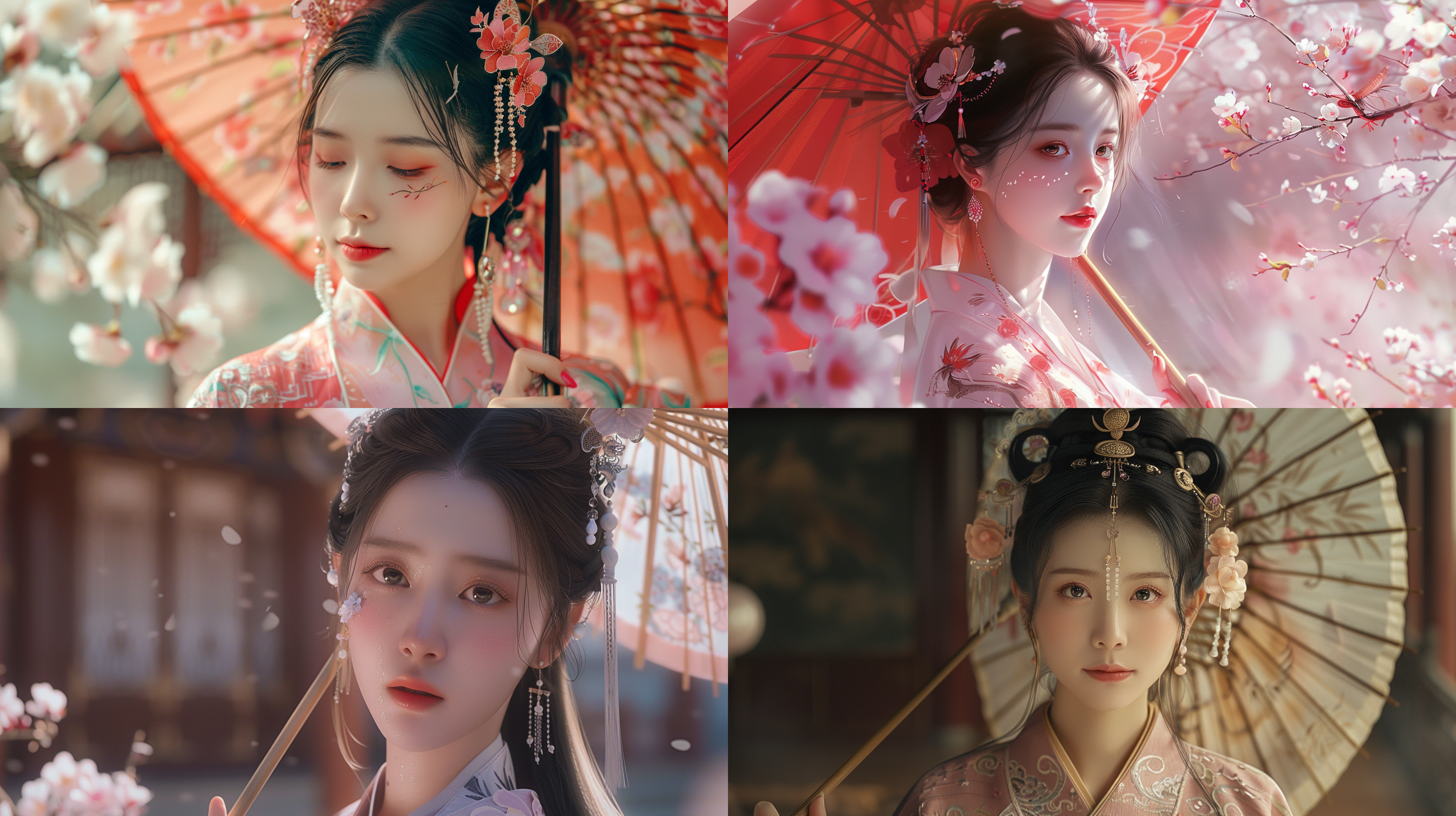 中国女孩，汉服花鸟图案，头饰，手持雨伞，耳饰，春天，古典建筑，长发，对称构图，柔和光线，长焦镜头，淡雅色彩，静态美，细腻纹理，传统韵味。