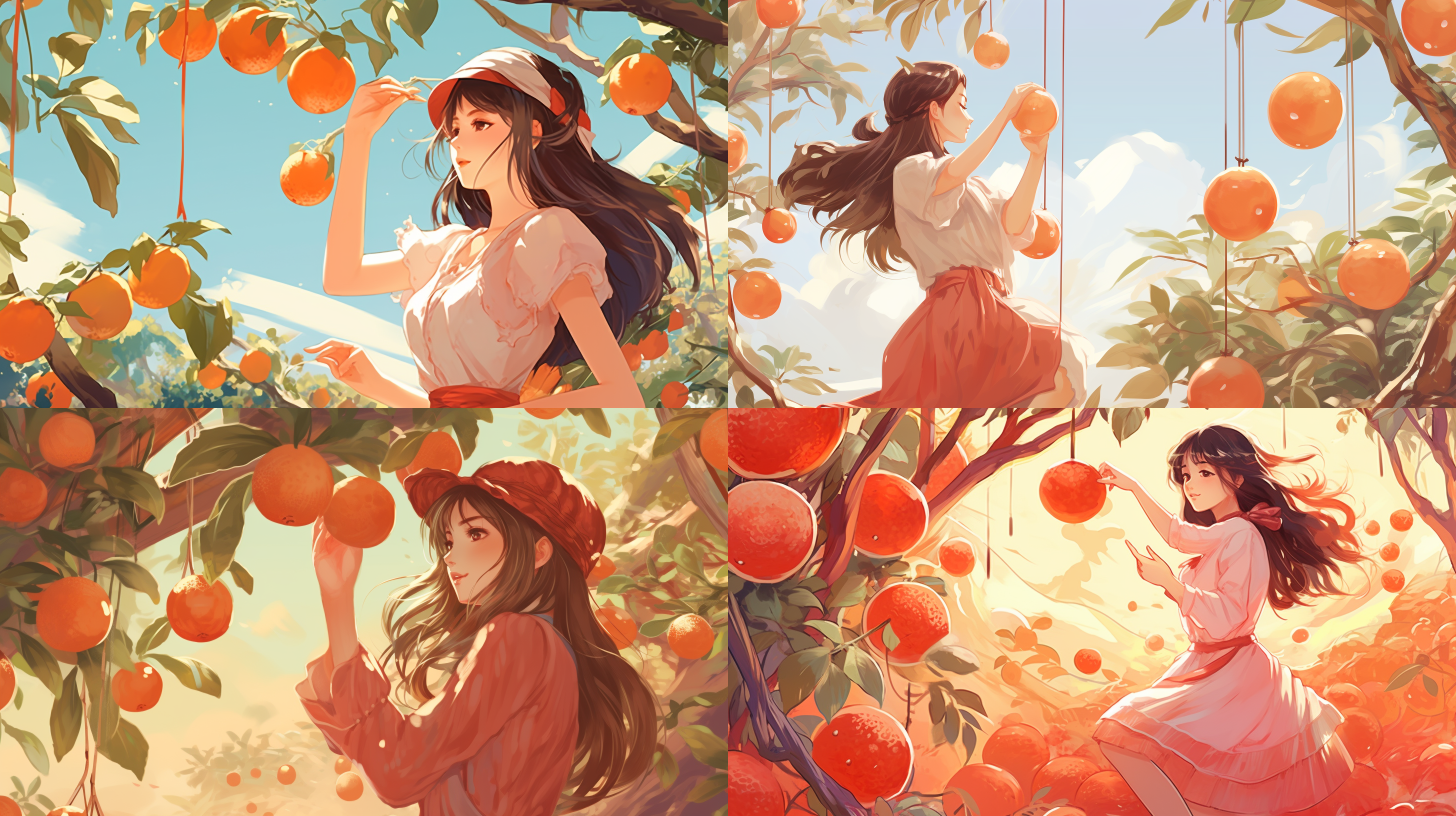 手绘、红色柚子、手绘柚子果园、女孩在摘柚子、手绘水彩画、自然光照、高清4k、色彩氛围感，现代风格， 新艺术风格