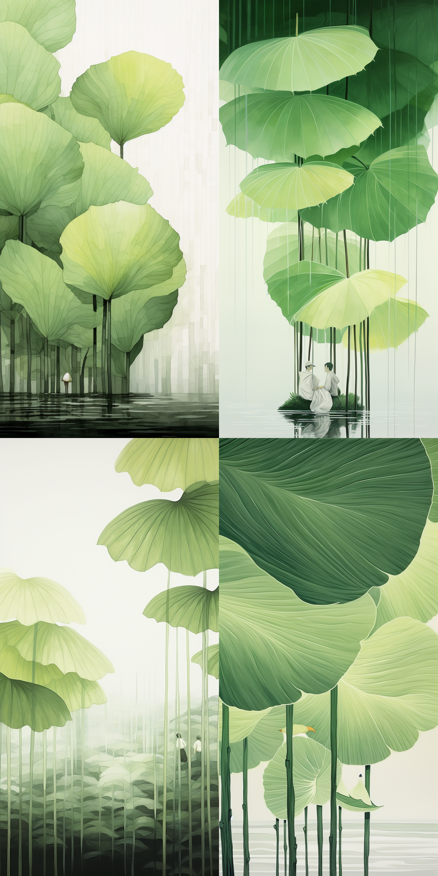 几片绿色芭蕉叶，竖直平放，中国古典工笔素描技法，形态逼真，锐利线条，插画风格，简洁构图，清新淡雅，层次分明，超高清8k分辨率，空灵中充满艺术，细腻笔触，自然光，静物摄影，绿色调，平静，艺术感。