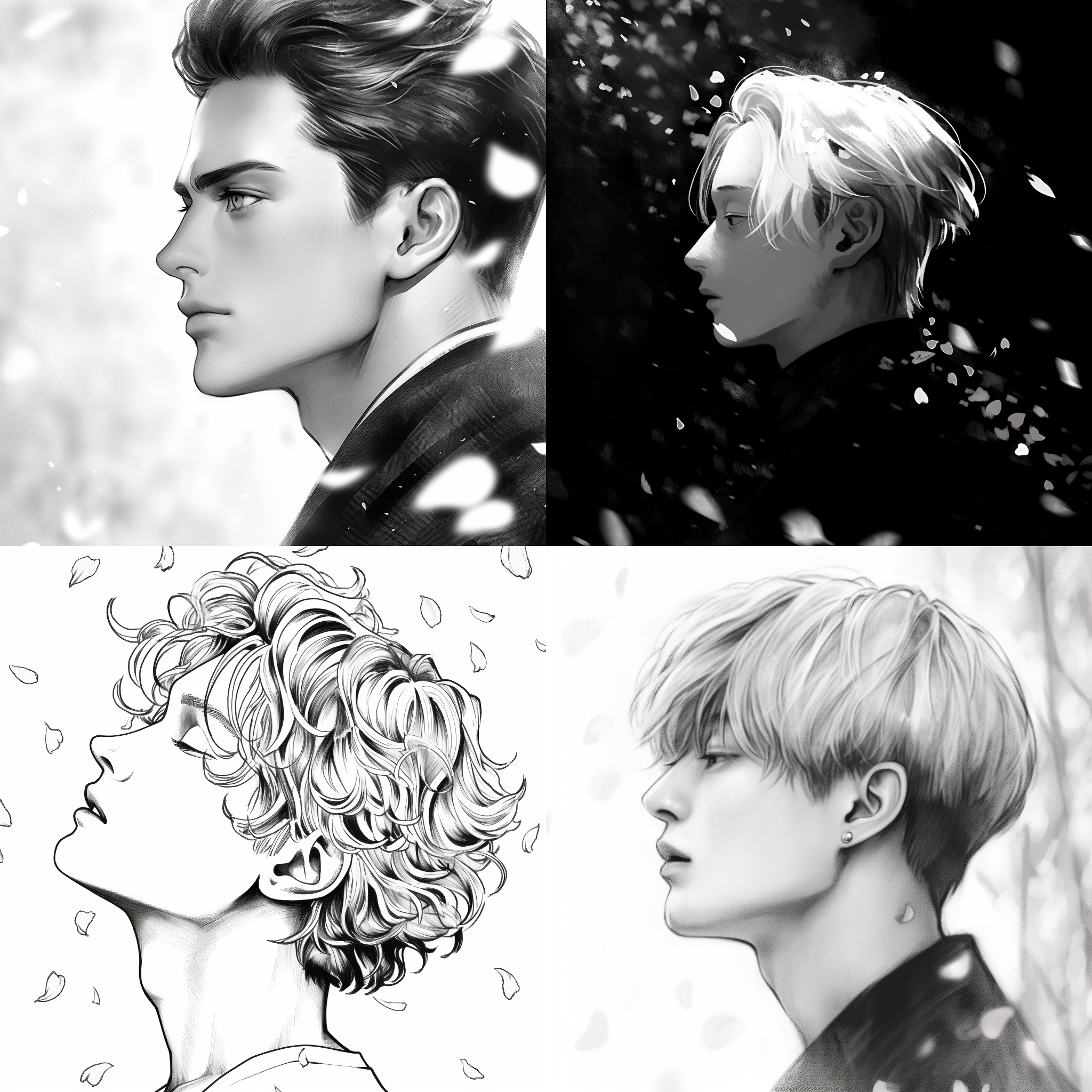 头像画，线稿，手绘，男，侧面，樱花飘落，黑白画，侧面轮廓，线条流畅，樱花细节，黑白对比，柔和光线，静态，专注，忧郁。