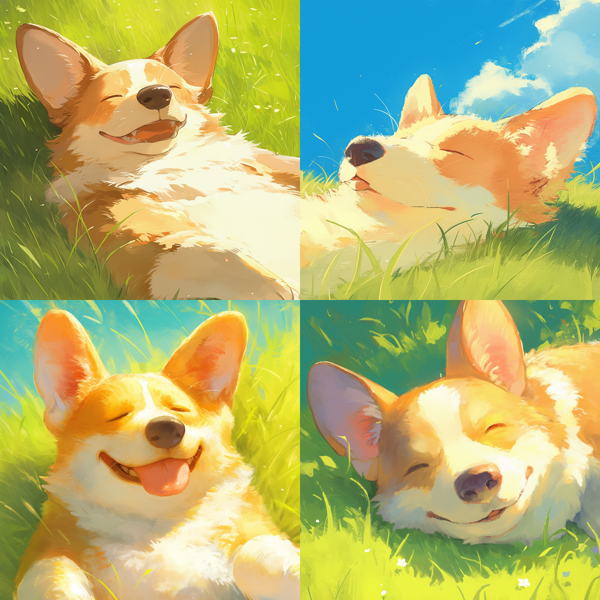 柯基晒太阳，草地背景，自然光，广角镜头，柔和色调，慵懒姿态，微笑表情，棕白毛色，放松氛围。 宫崎骏 草地 特写 天空蓝 明亮的 太阳光