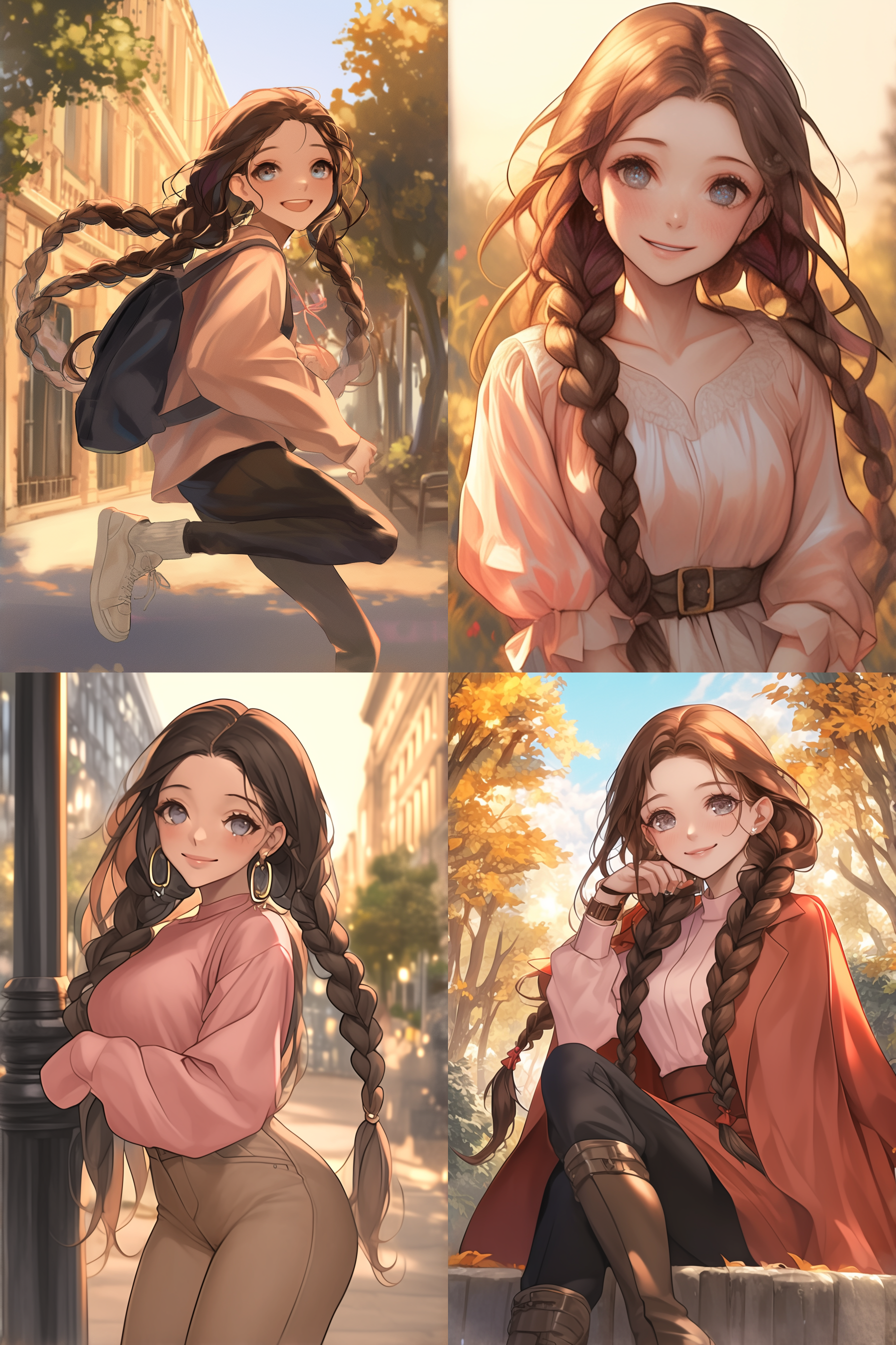 卡通自信美女，明亮大眼，微笑嘴角，长发飘逸，街头背景，鲜艳色彩，超现实风格，广角镜头，正面光，动态姿势，活力四射，自信满满。