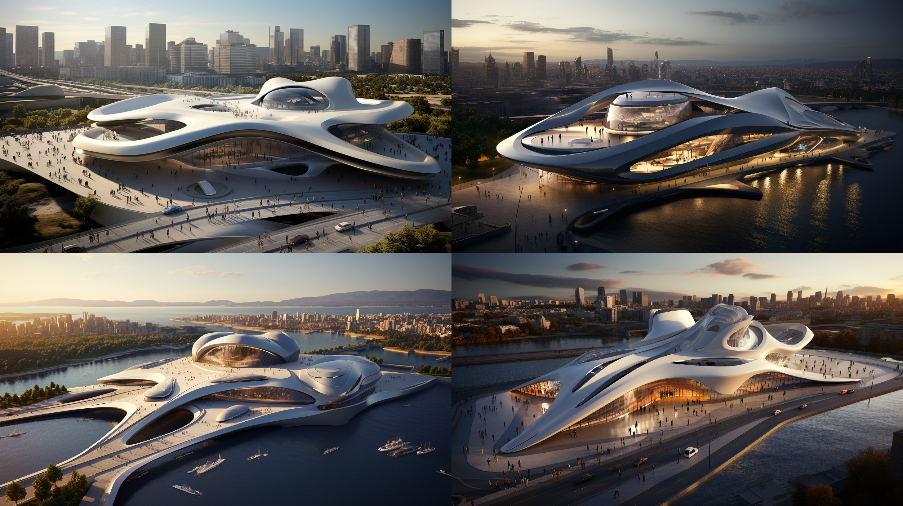 未来博物馆，扎哈哈迪德风格，空中半鸟瞰，流线型建筑，玻璃幕墙，城市天际线，现代感，科技感，俯视角度，广角镜头，自然光，反射，未来主义，银白色调，震撼。