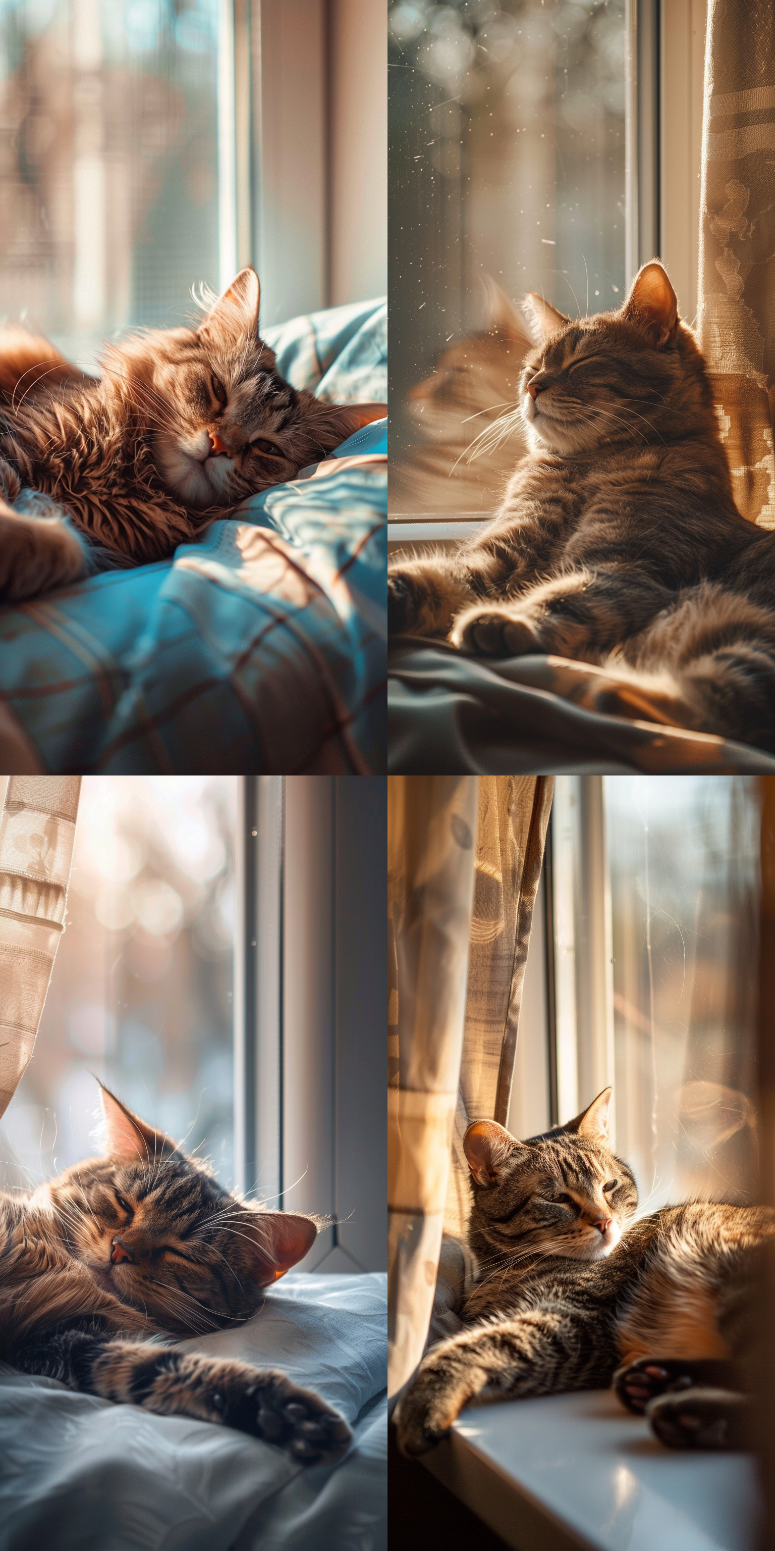 一只可爱的猫，慵懒地躺在窗台上，阳光透过窗帘洒在它的身上，形成柔和的光影效果。猫的眼神温柔，毛发蓬松，背景是模糊的室内景致。温馨，自然光，浅景深，室内，暖色调，长焦镜头，柔和光线，静态，舒适。