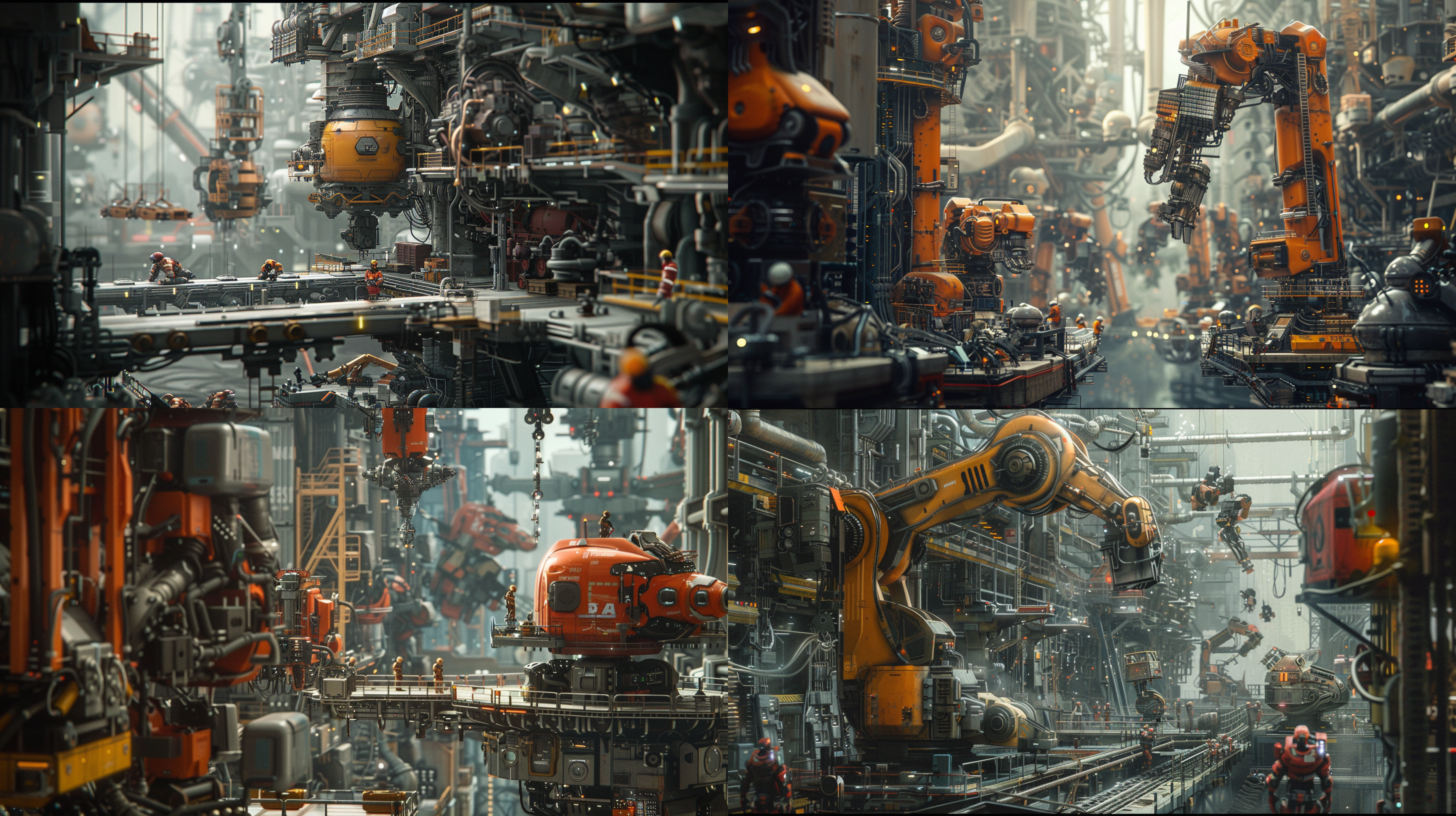 from god's perspective, in a robot factory, workers, equipment, cranes, reality fantasy, micro perspective, micro world, micro photography