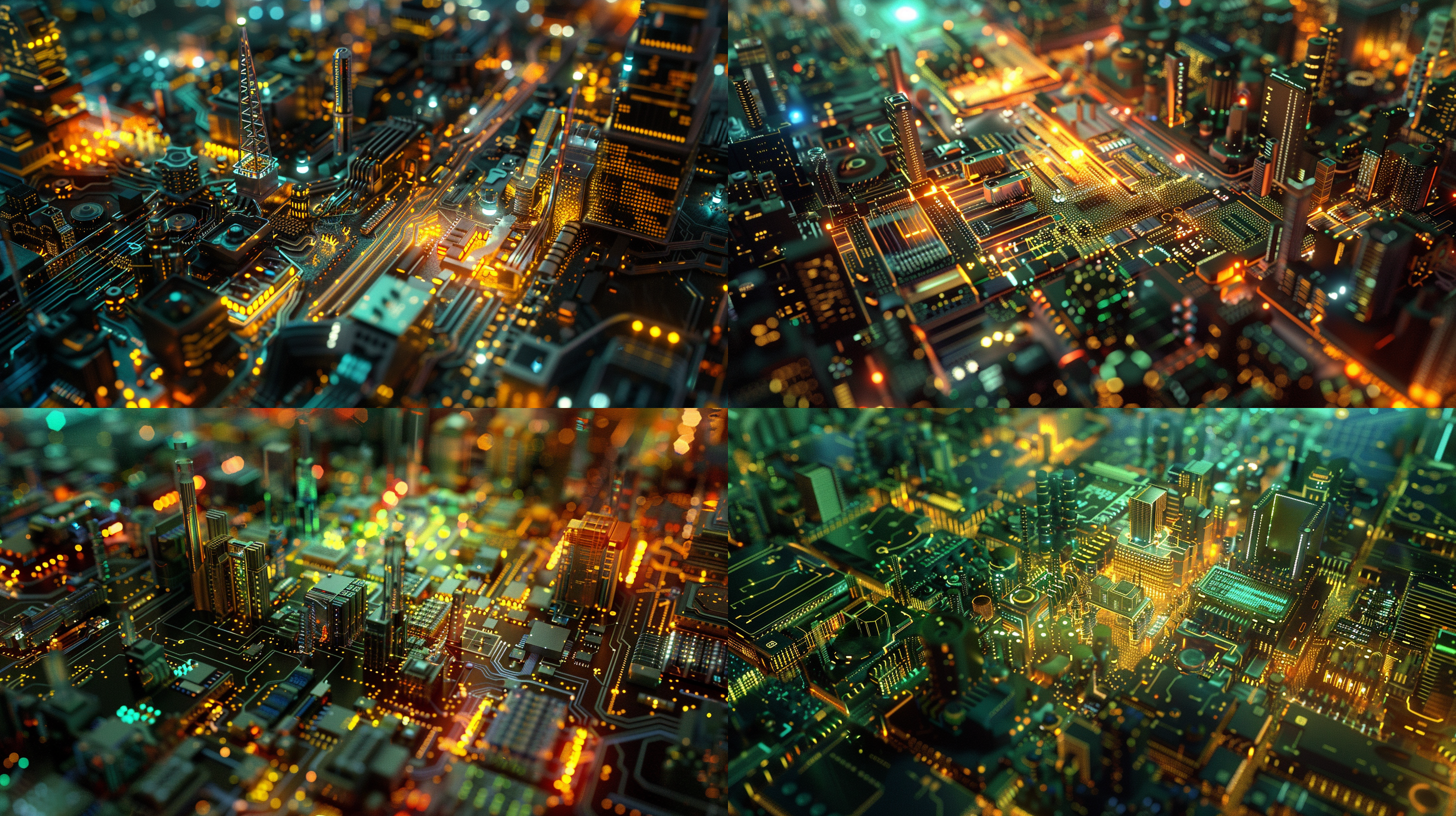 from god's perspective, within a cpu chip, micro workers, circuits, cranes, reality fantasies, super microscope perspectives, micro perspectives, micro worlds, micro photography