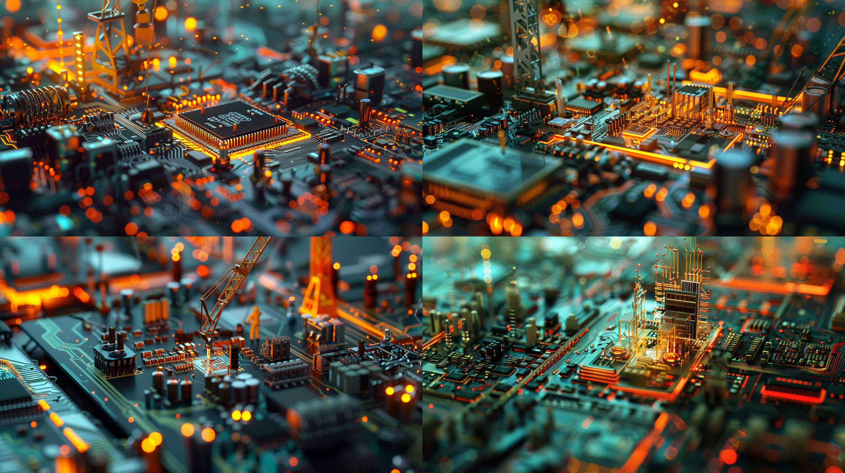from god's perspective, within a cpu chip, micro workers, circuits, cranes, reality fantasies, super microscope perspectives, micro perspectives, micro worlds, micro photography
