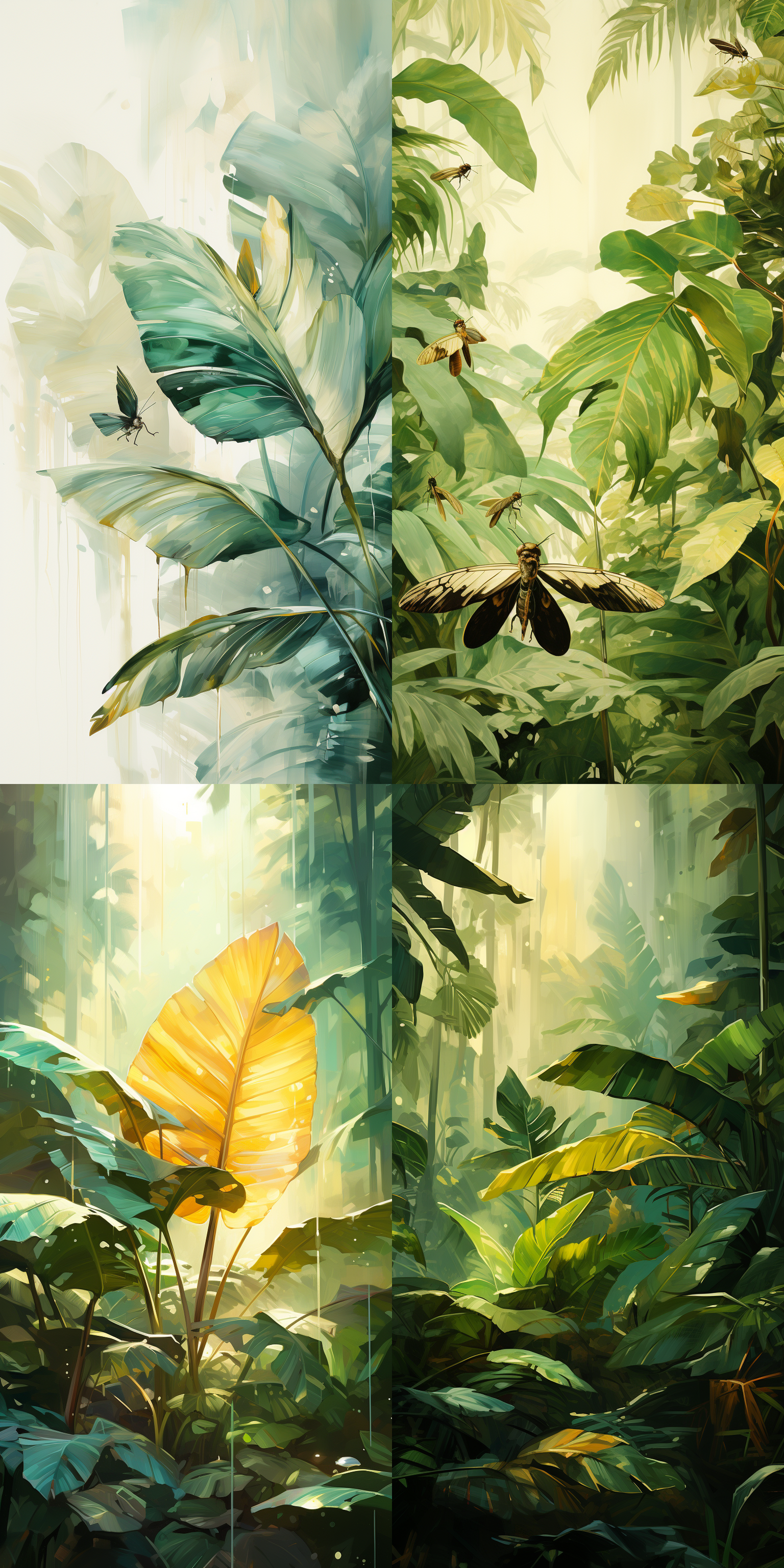 绿色大芭蕉叶下蝈蝈打斗，工笔绘描，插画风格，饱和构图，米色背景，柔光，超高清8k，空灵美感，怀旧艺术，细节清晰，绿色调，动态捕捉，静谧氛围，传统元素，细腻笔触，自然光，对称布局，生动表情，文化韵味。