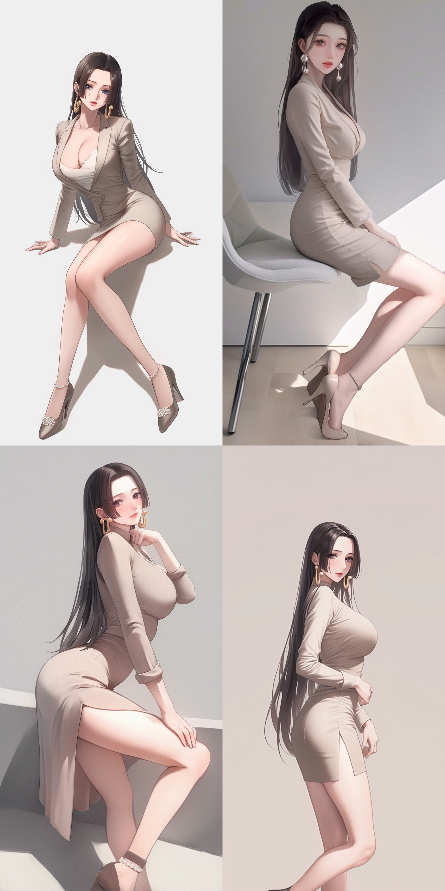 海贼王·女帝·汉库克，米色西装，腰，穿，透明珠光袜，大长腿，高跟鞋，8k，正面光，