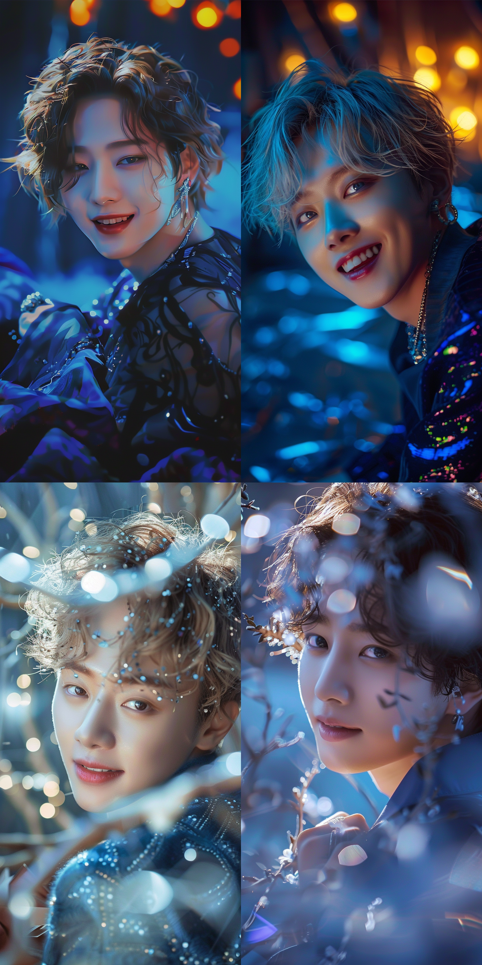 明星边佑锡正视图，高清，电脑桌面背景，自然光，浅景深，特写，微笑，自信，时尚装扮，蓝色调，温暖氛围，细节丰富。