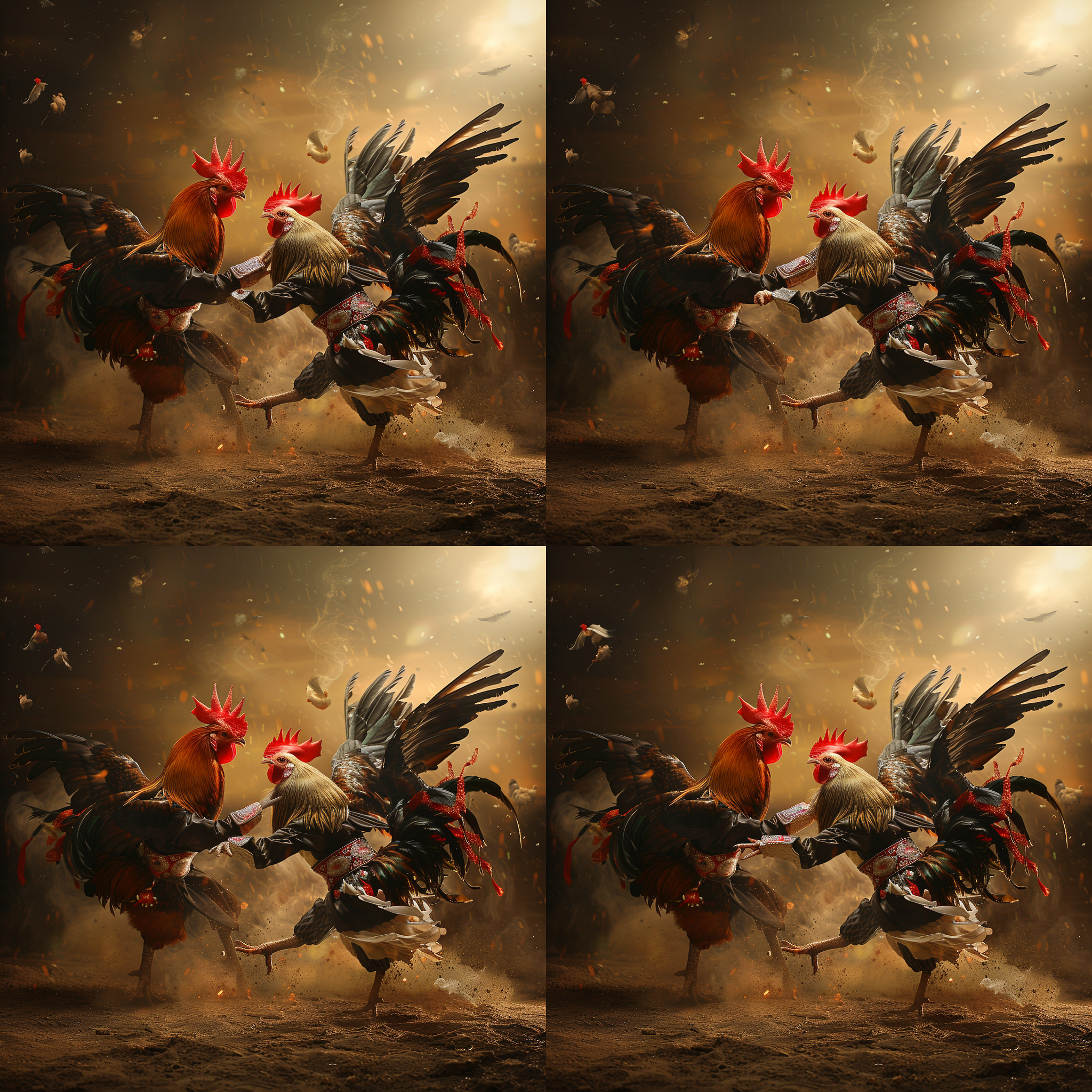 斗鸡场，两只搏斗的鸡，飞动翅膀，卷起尘埃，武侠风格服装，对角线构图，动态捕捉，高饱和度，黄昏光线，长焦镜头，紧张氛围，红色与黑色对比，激烈战斗。
