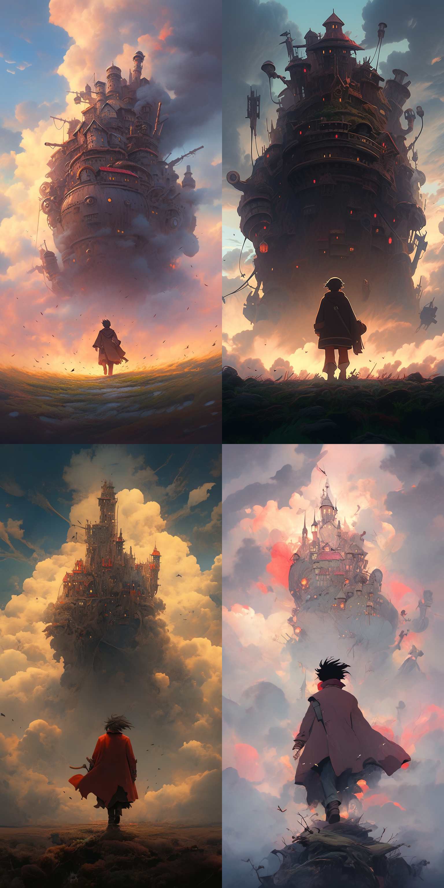 哈尔的移动城堡，幻想风格，天空背景，蒸汽朋克元素，移动城堡细节丰富，哈尔站在城堡顶部，风衣飘扬，凝视远方，忧郁表情，暖色调，长焦镜头，逆光，低饱和度，神秘氛围。