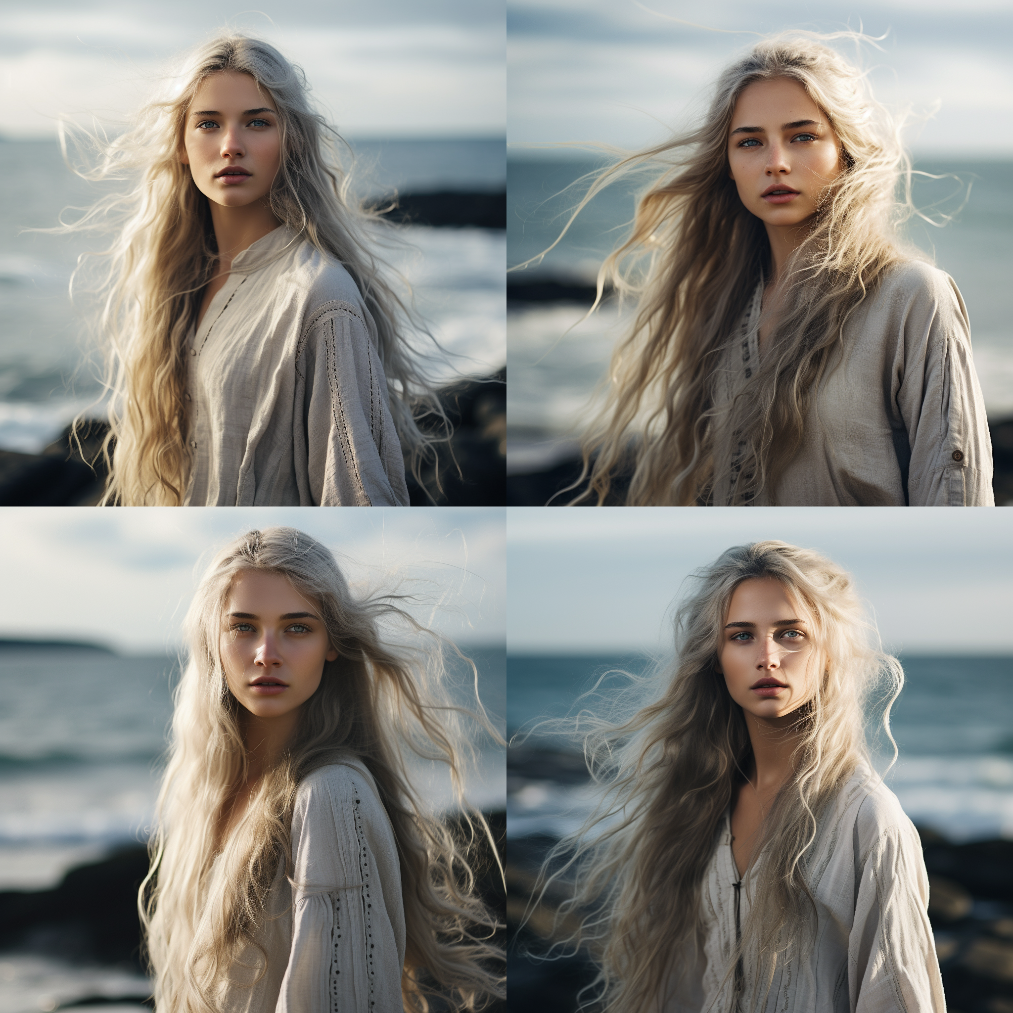 北欧神话风格，欧洲古典风格，史诗感，白色长发圆脸年轻美女站在海岸，吹海风，逆光拍摄，长曝光，海浪模糊，冷色调，广角镜头，正脸特写，沉思表情，自然光，神秘氛围。