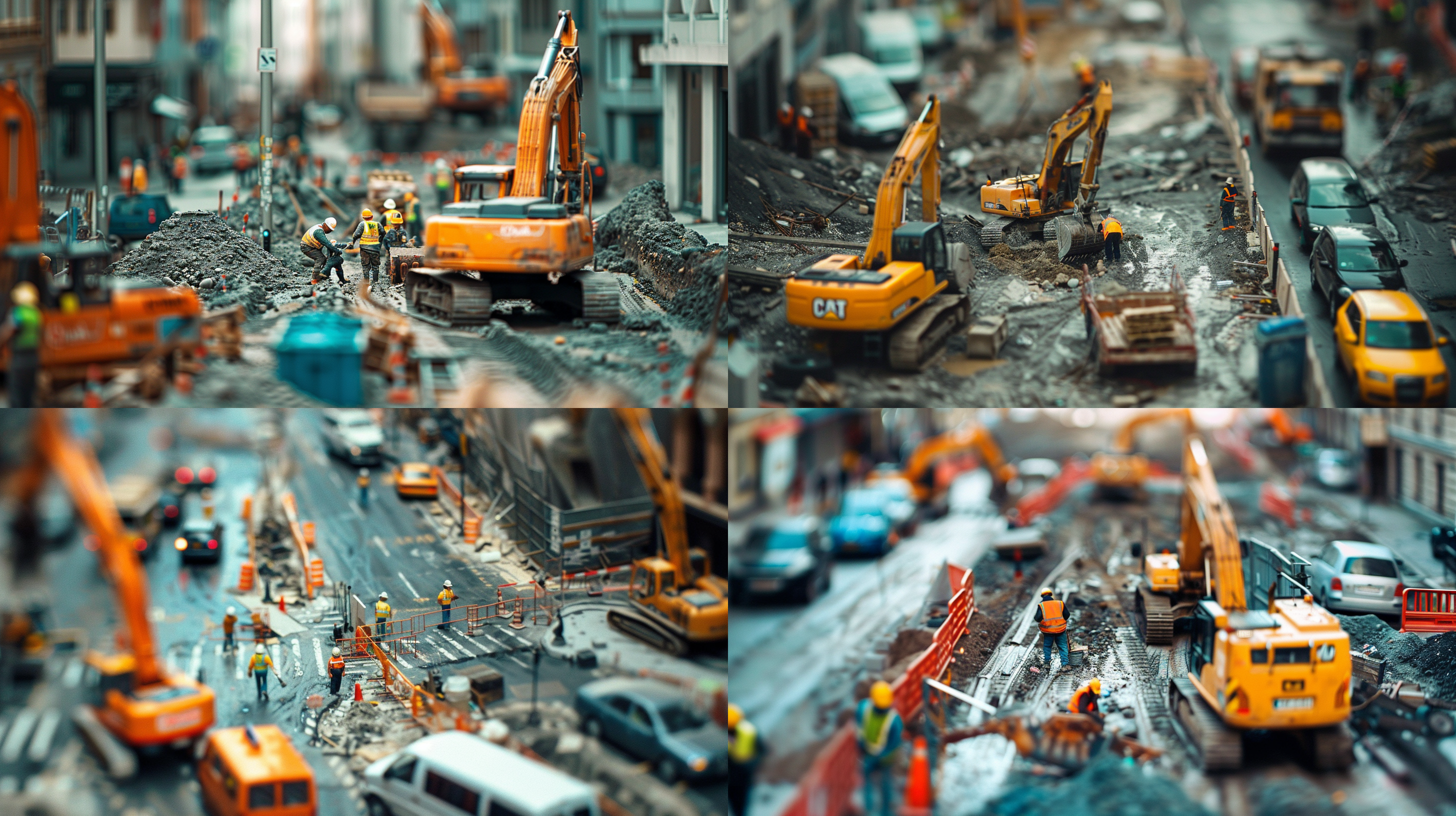 construction sites, construction workers, streets, cars, real-life fantasies, super microscope perspectives, micro perspectives, micro worlds, micro photography