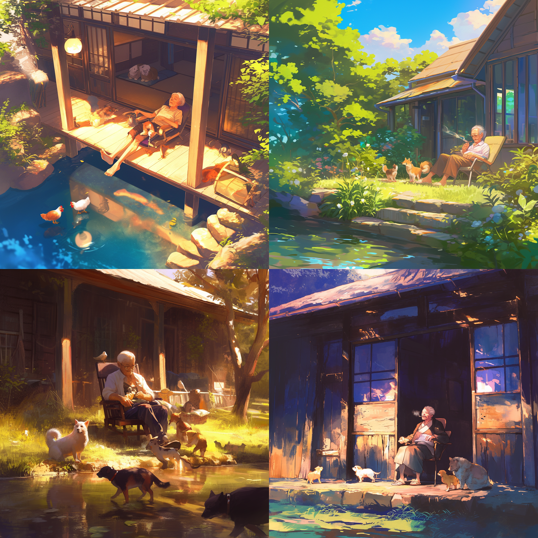 夏日傍晚，老房子门口，小鸡小狗嬉戏，静谧溪流旁，老人躺椅上悠闲抽烟，低角度拍摄，自然光，暖色调，长曝光，环境人像，宁静，和谐。
