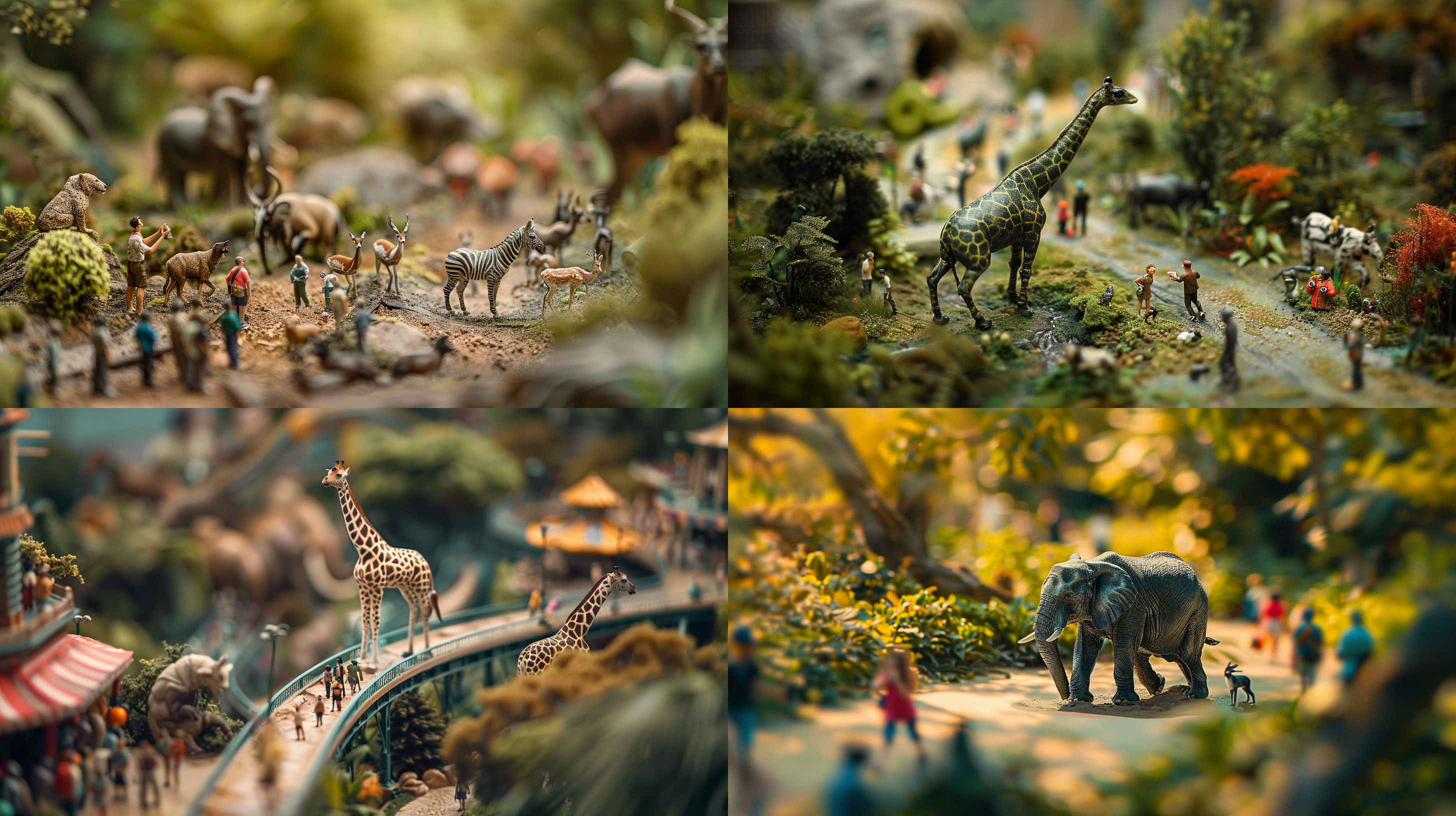 zoos, tourists, paths, various animals, realistic fantasies, super microscope perspectives, micro perspectives, micro worlds, micro photography
