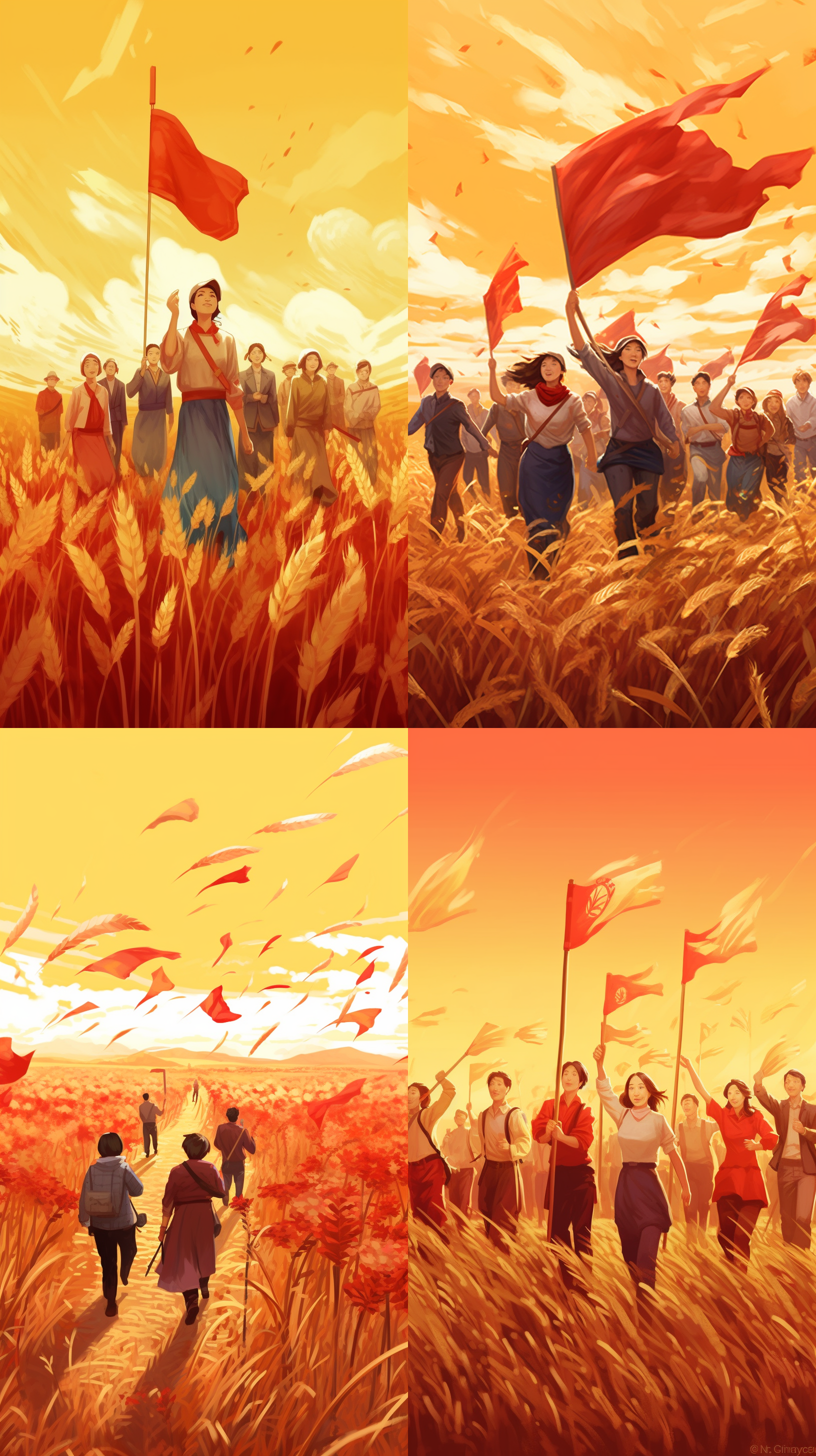 国庆节气，金色麦田，满是红旗，10个不同职业者在奔跑，广角视野，光线强烈，色彩饱和，细节精致，夸张技法，扁平插画，victo ngai风格，中国风，16k分辨率，16:9比例，niji 5渲染。