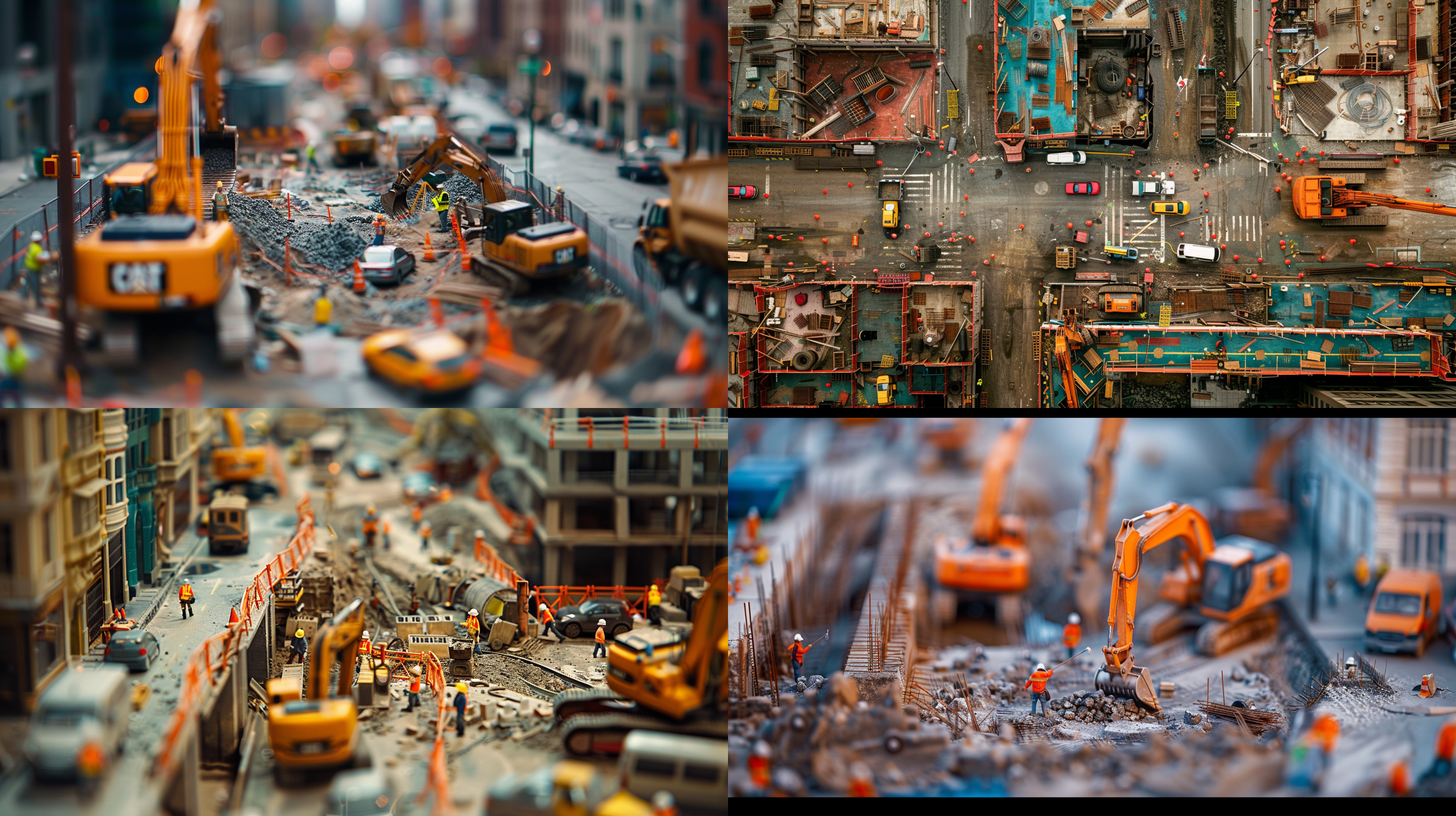 construction sites, construction workers, streets, cars, real-life fantasies, super microscope perspectives, micro perspectives, micro worlds, micro photography