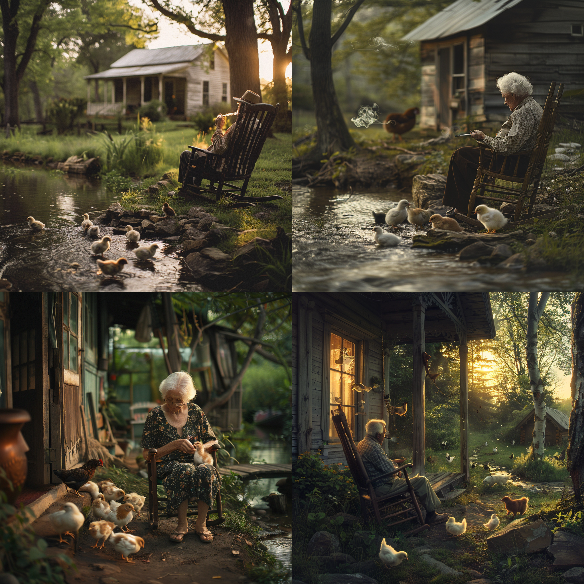 夏日傍晚，小鸡小狗老房子门口嬉戏，静谧溪流，老人躺椅上悠闲抽烟，暖色调，自然光，长焦镜头，低角度，慢快门，宁静，怀旧。