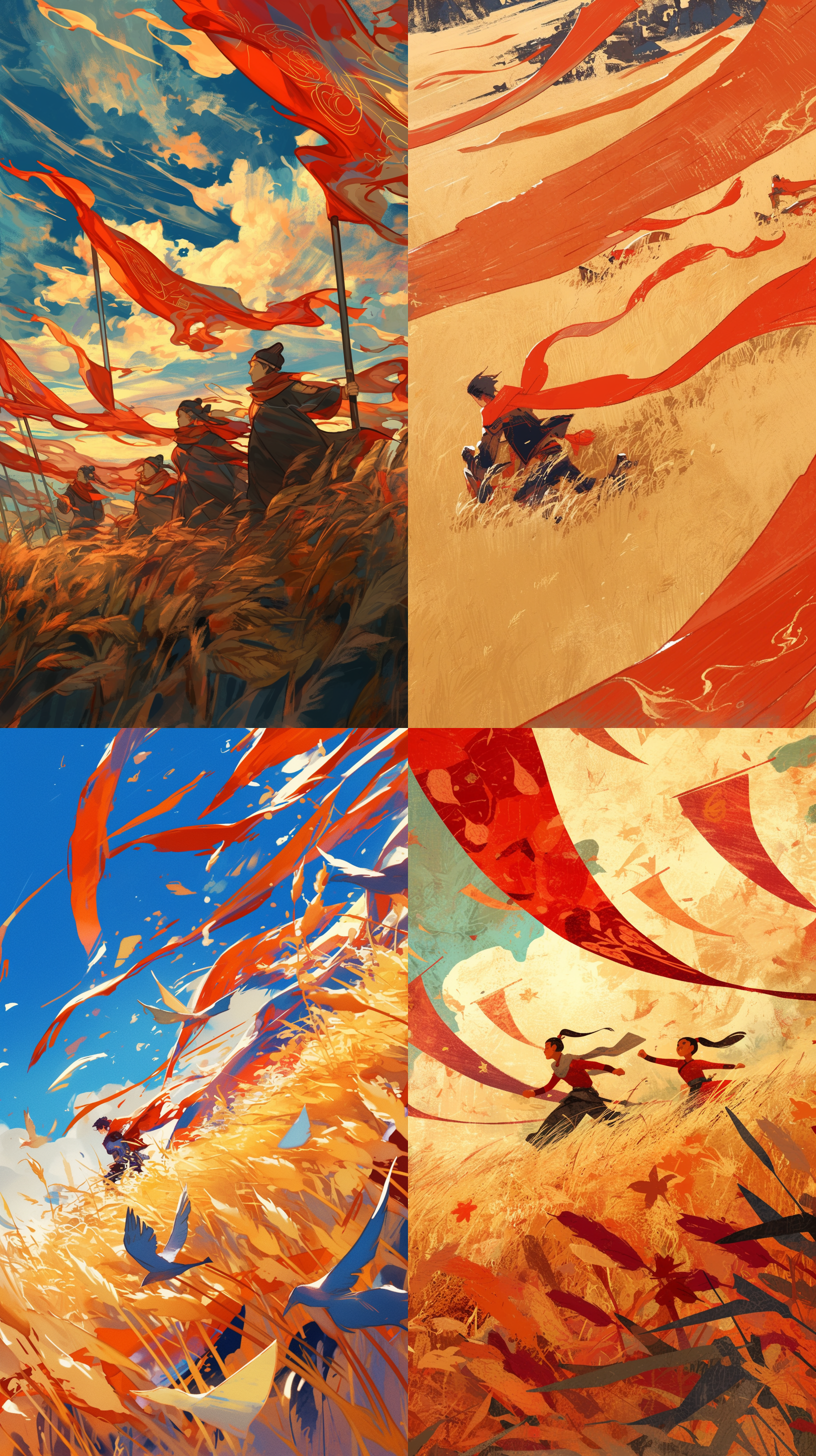 国庆节气，金色麦田，满是红旗，10个不同职业者在奔跑，广角视野，光线强烈，色彩饱和，细节精致，夸张技法，扁平插画，victo ngai风格，中国风，16k分辨率，16:9比例，niji 5渲染，高清，高像素。