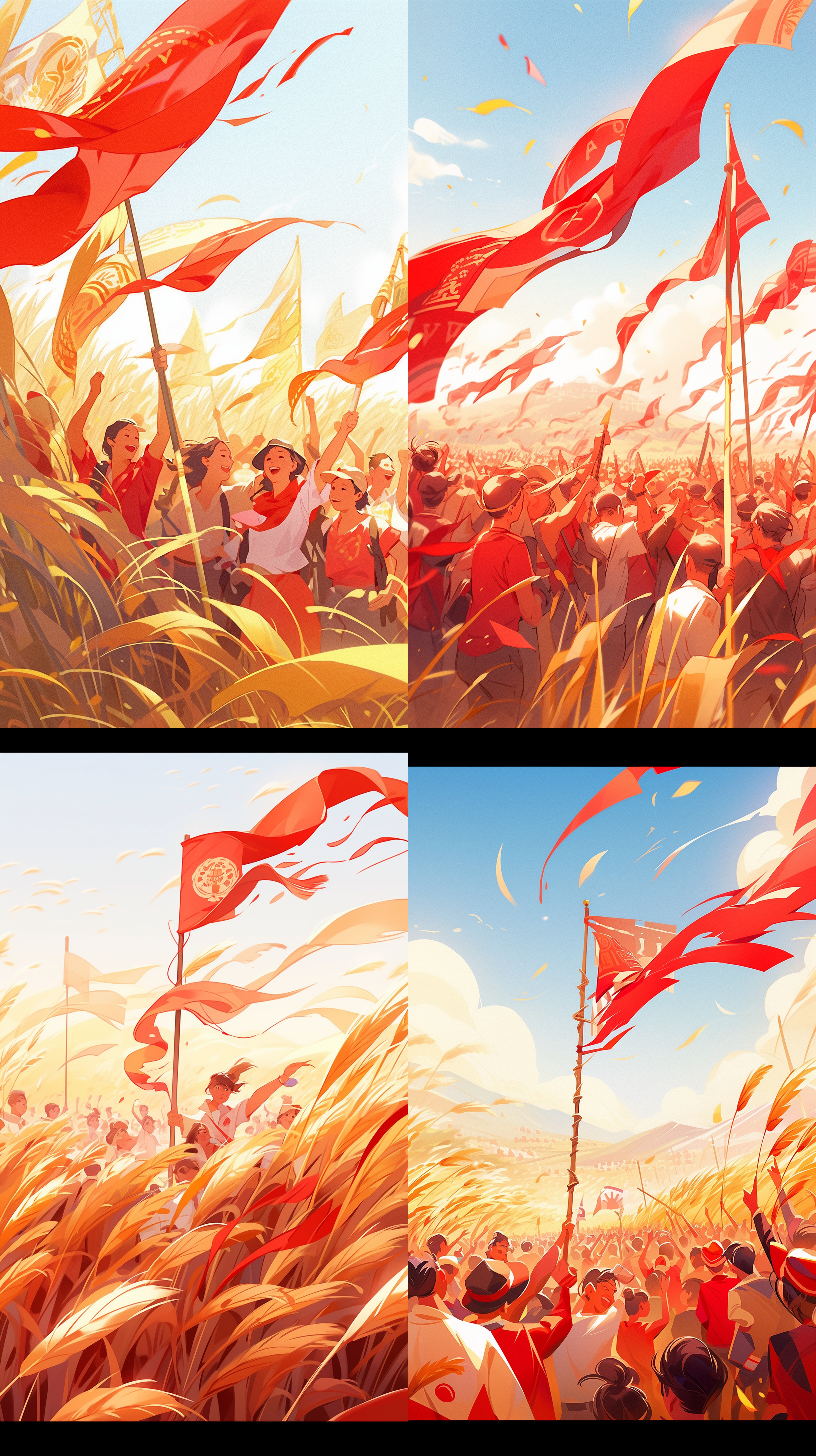 国庆节气，金色麦田，满是红旗，不同职业者在奔跑，广角视野，光线强烈，色彩饱和，细节精致，夸张技法，扁平插画，victo ngai风格，中国风，16k分辨率，16:9比例，niji 5渲染，高清，高像素。