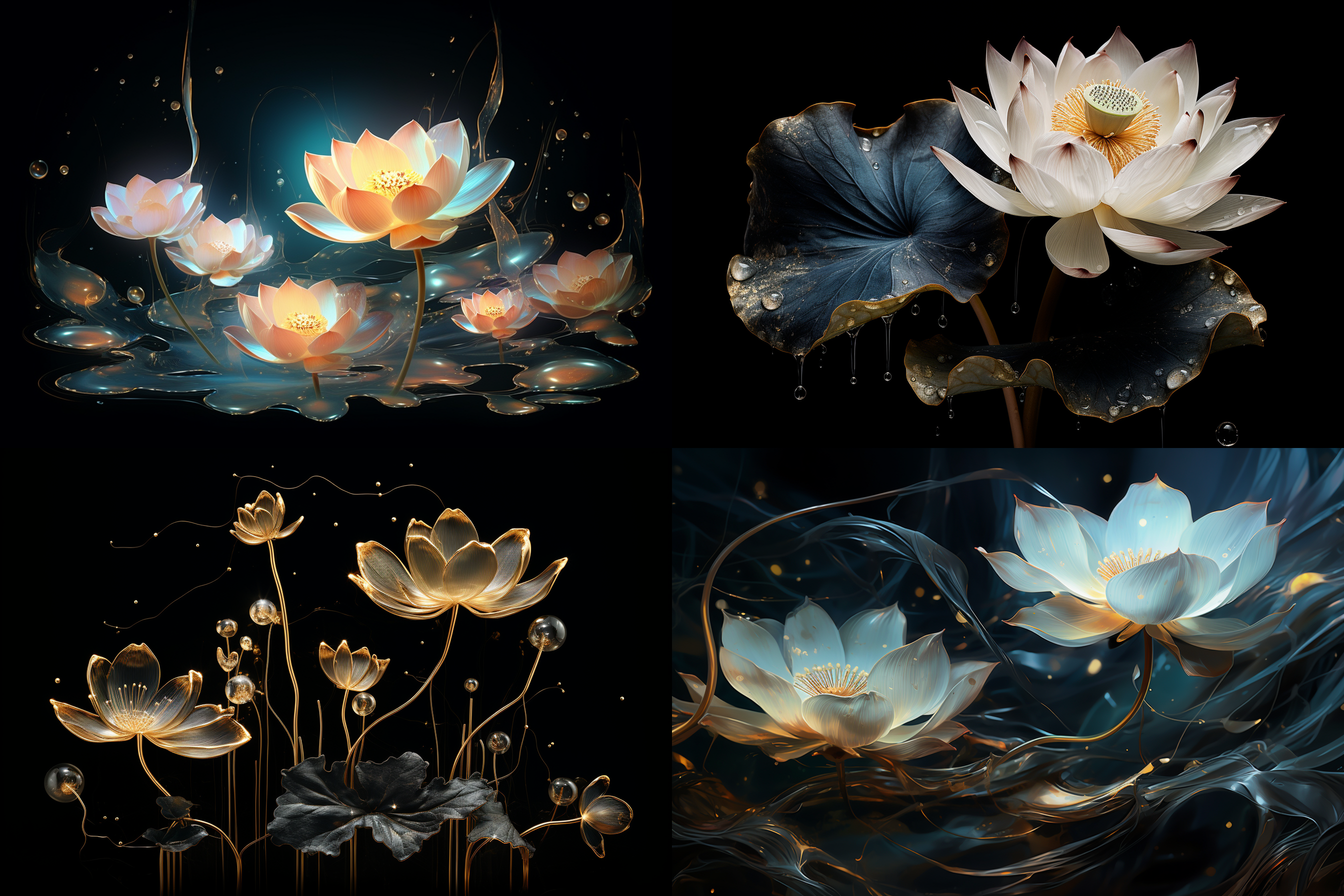 lotus and lotus leaves, black background, dreamy detail style, main body located at the bottom of the screen, white and deep gold, surreal water surface, glass sculpture, close-up, ethereal illustration, lightweight fabric, delicate.crystal clear.water droplets come to life，thin as silk, ink style