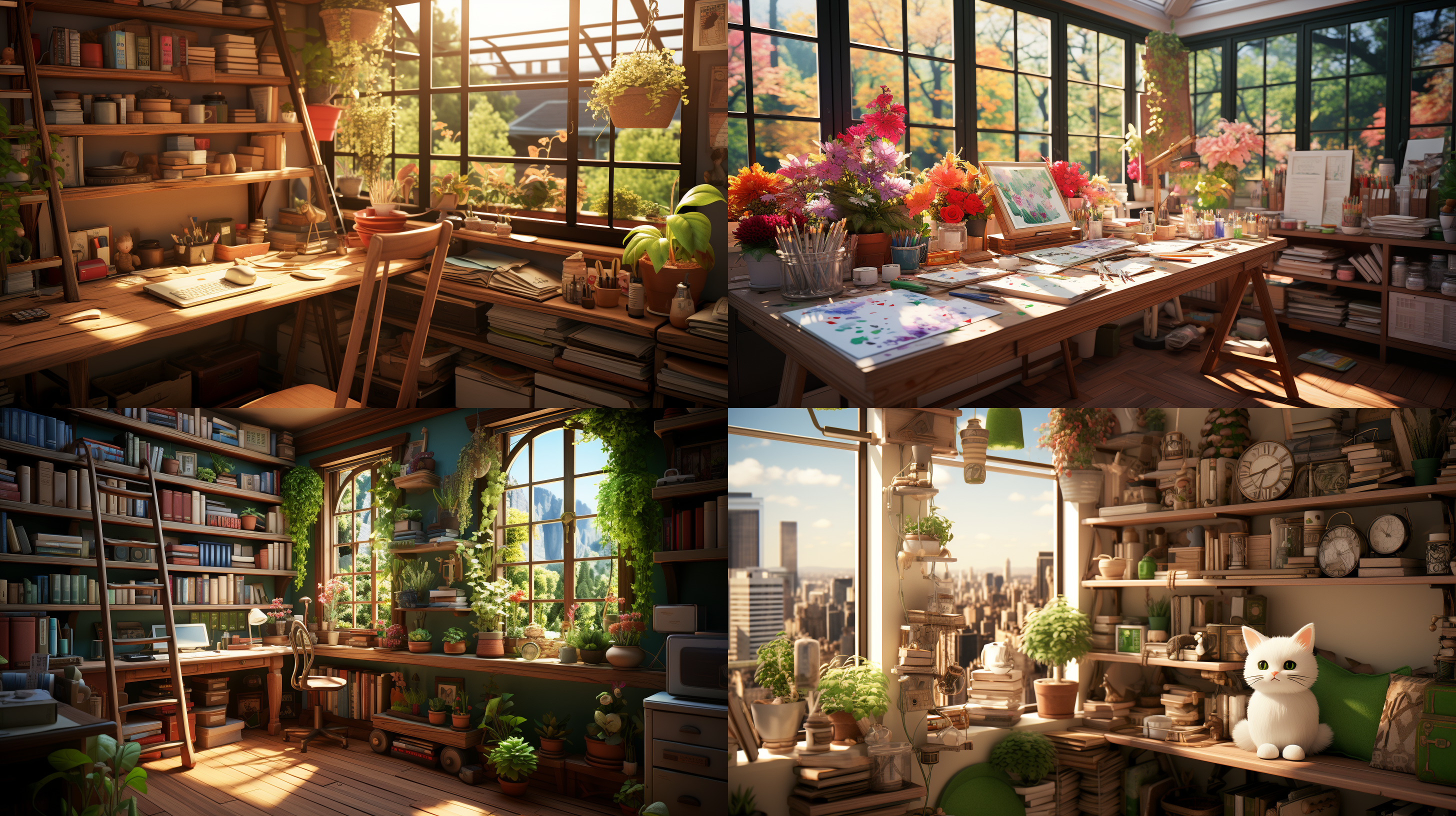 女孩学习书房，丰富场景，细节丰富，安静环境，干净整洁，明亮，宫崎骏风格，侧光，专注学习，小猫，绿植，广角镜头。