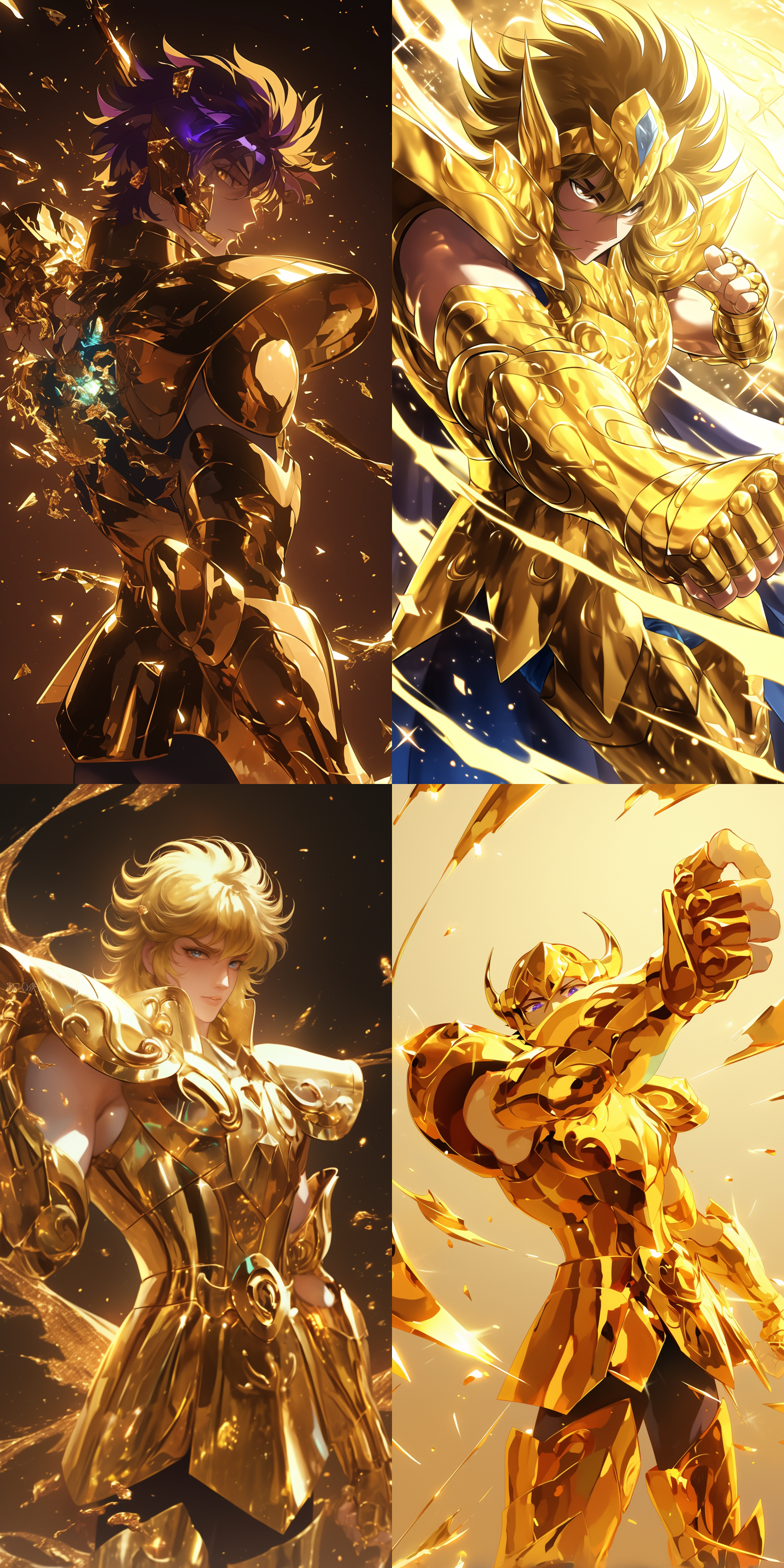 圣斗士艾欧里亚，狮子座黄金圣衣，光彩夺目，动态姿势，战斗场景，黄金质感，高光细节，广角镜头，侧光照明，金属光泽，战斗激情，黄金色系，力量感。