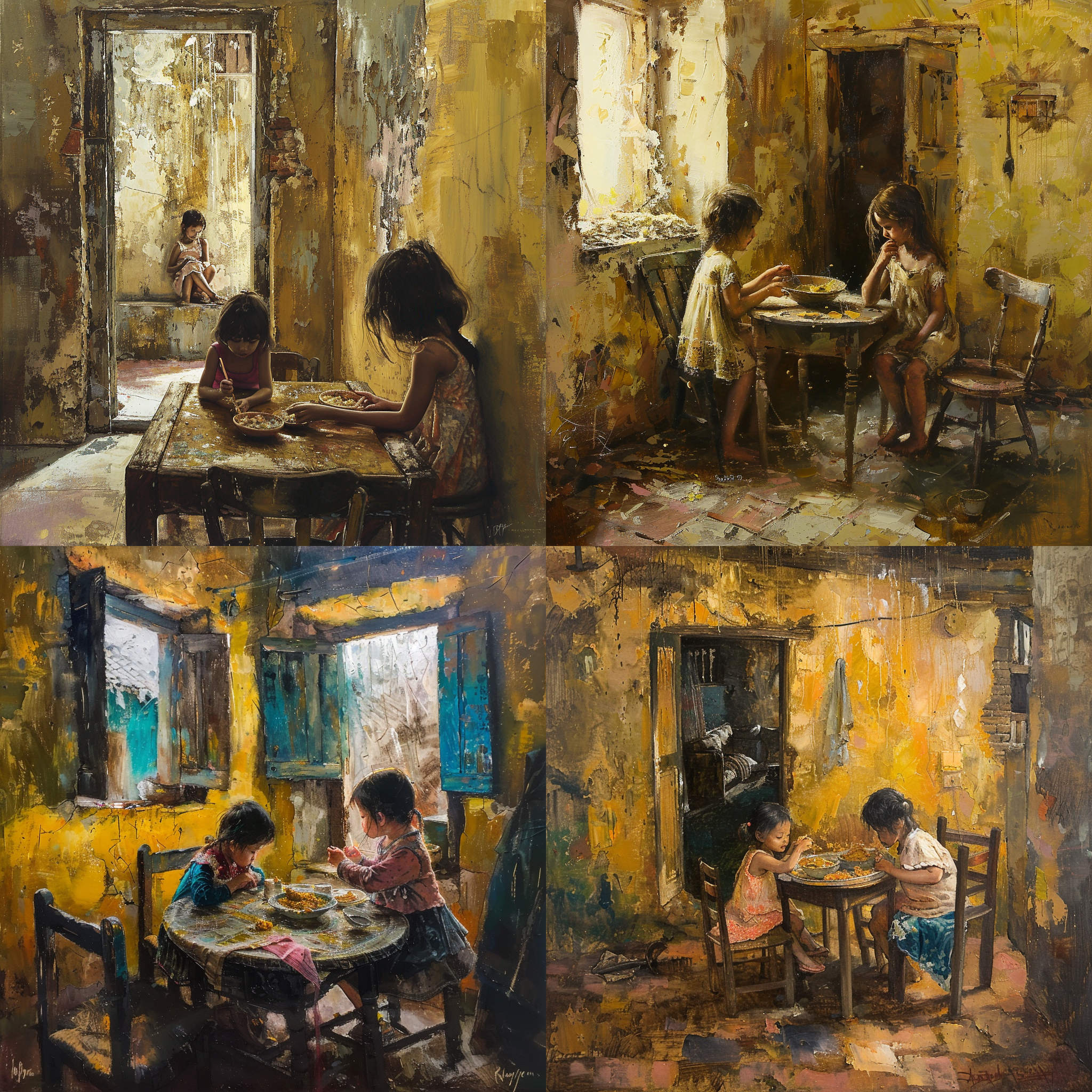 破烂的老屋。桌子上有一碗菜。两个小女孩坐在桌前吃饭。油画风。黄色调。土墙、