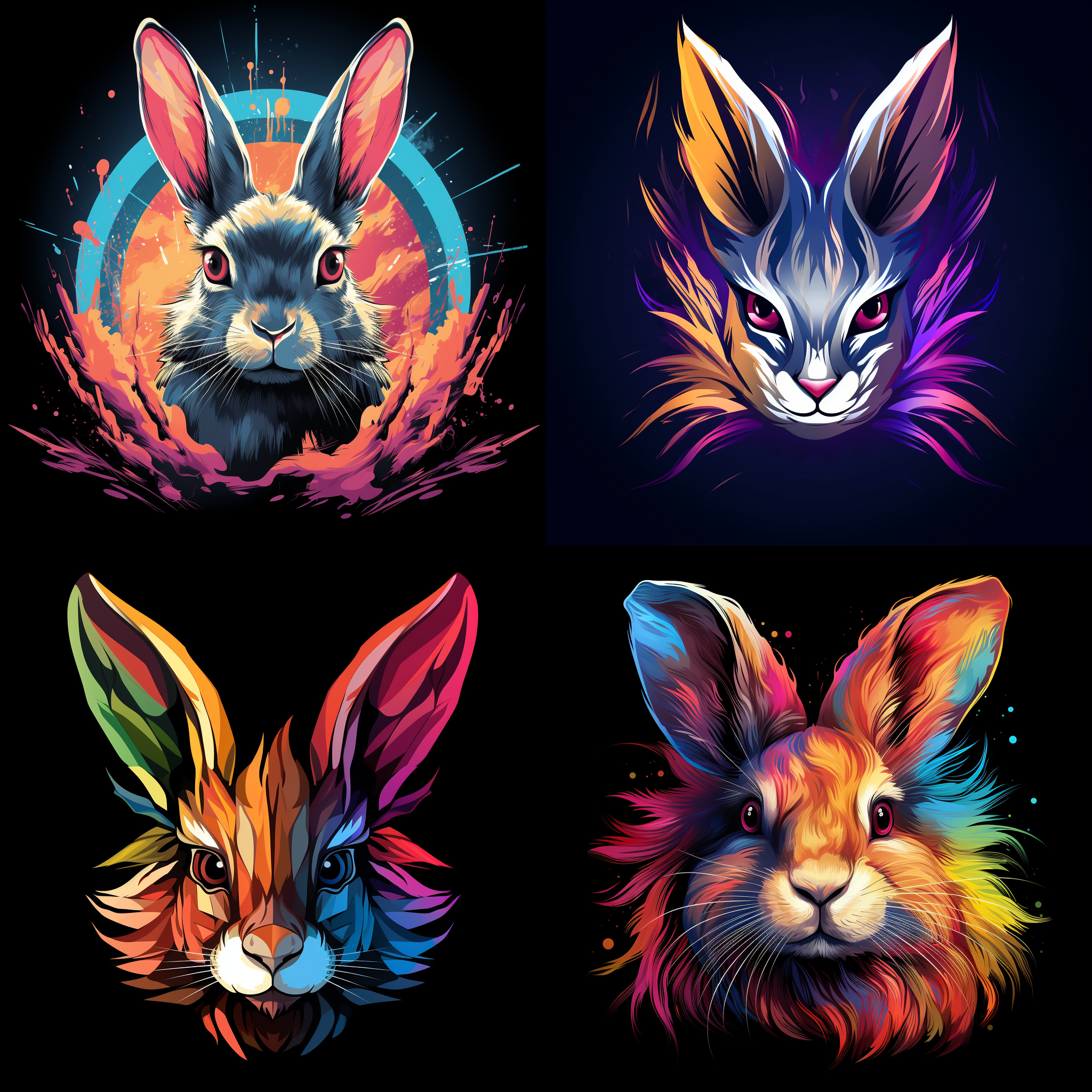 可爱兔头标志，色彩鲜艳，神态逼真，线条锐化，纯黑色背景，插画风格，柔光，超高清8k分辨率，艺术美感，扁平化设计，高饱和度，细节丰富，动态感，专注表情，高对比度，专注眼神，动态效果。