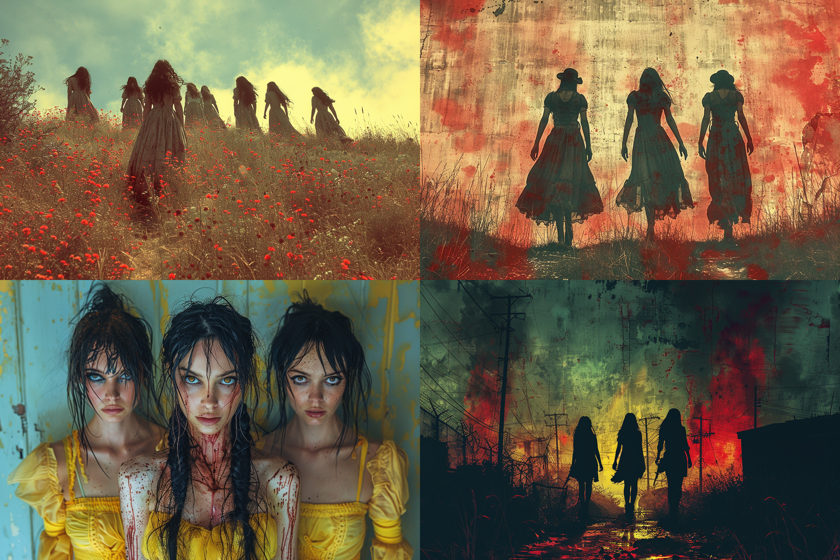 神秘女性群体，贝克辛斯基风格，苍白蓝与黄色调，大面积红色污渍，另类角度，恐怖，诡异，梦幻，超现实，电影感，粗粒胶片质感，2:3比例，原始风格，风格化950，niii 6。