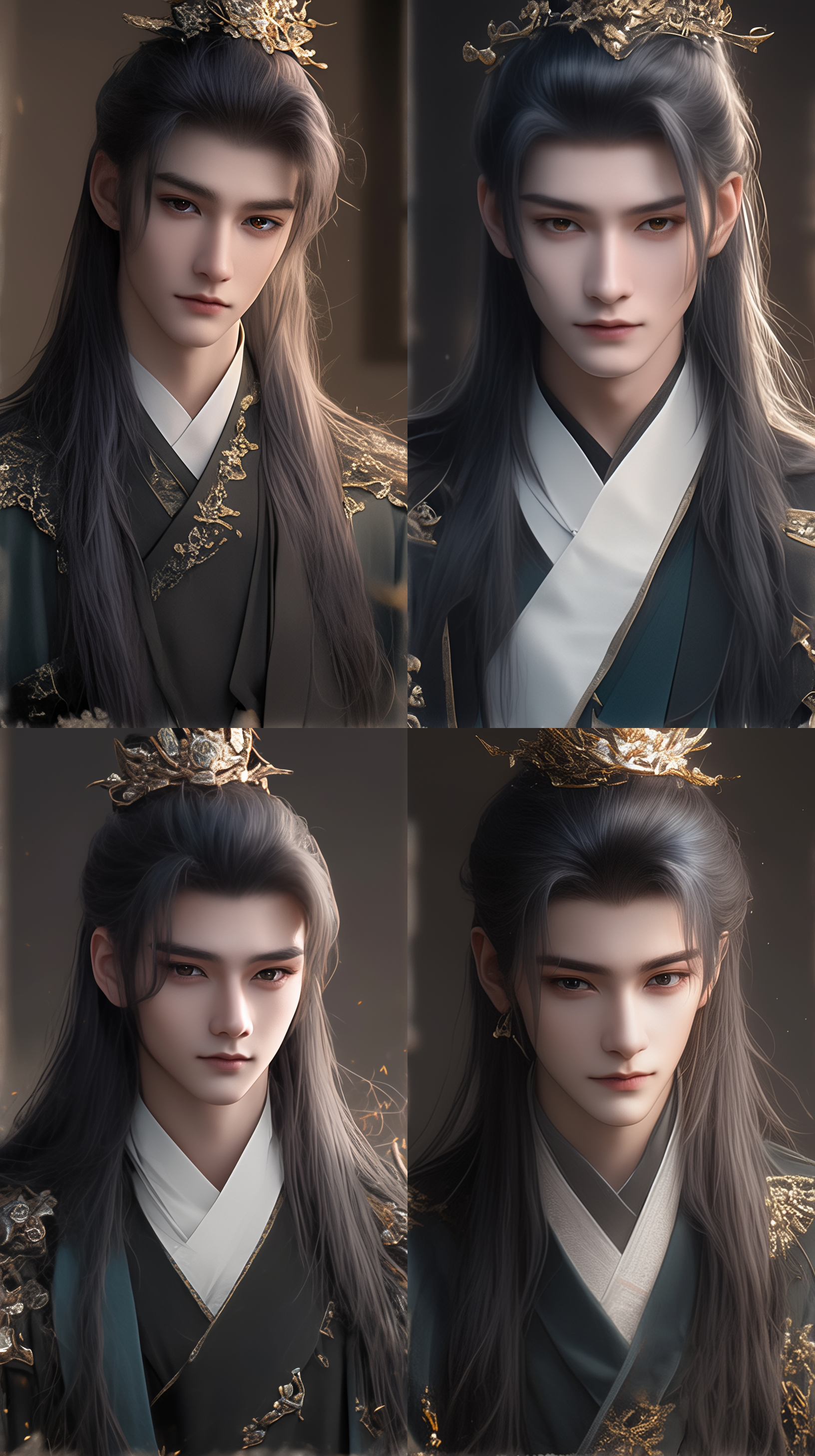 中国古代年轻男子，超级帅气，高级精致面容，细长眉毛，双眼皮，白长发，金色光芒眼睛，玉冠头饰，薄唇饱满，线条清晰，黑暗系，逼真照片，超清画质，8k，古风，古建筑，cg，前视图，霸气！高光，玄幻宇宙，侧光，广角镜头，高对比度，冷色调，神秘氛围，动态捕捉。