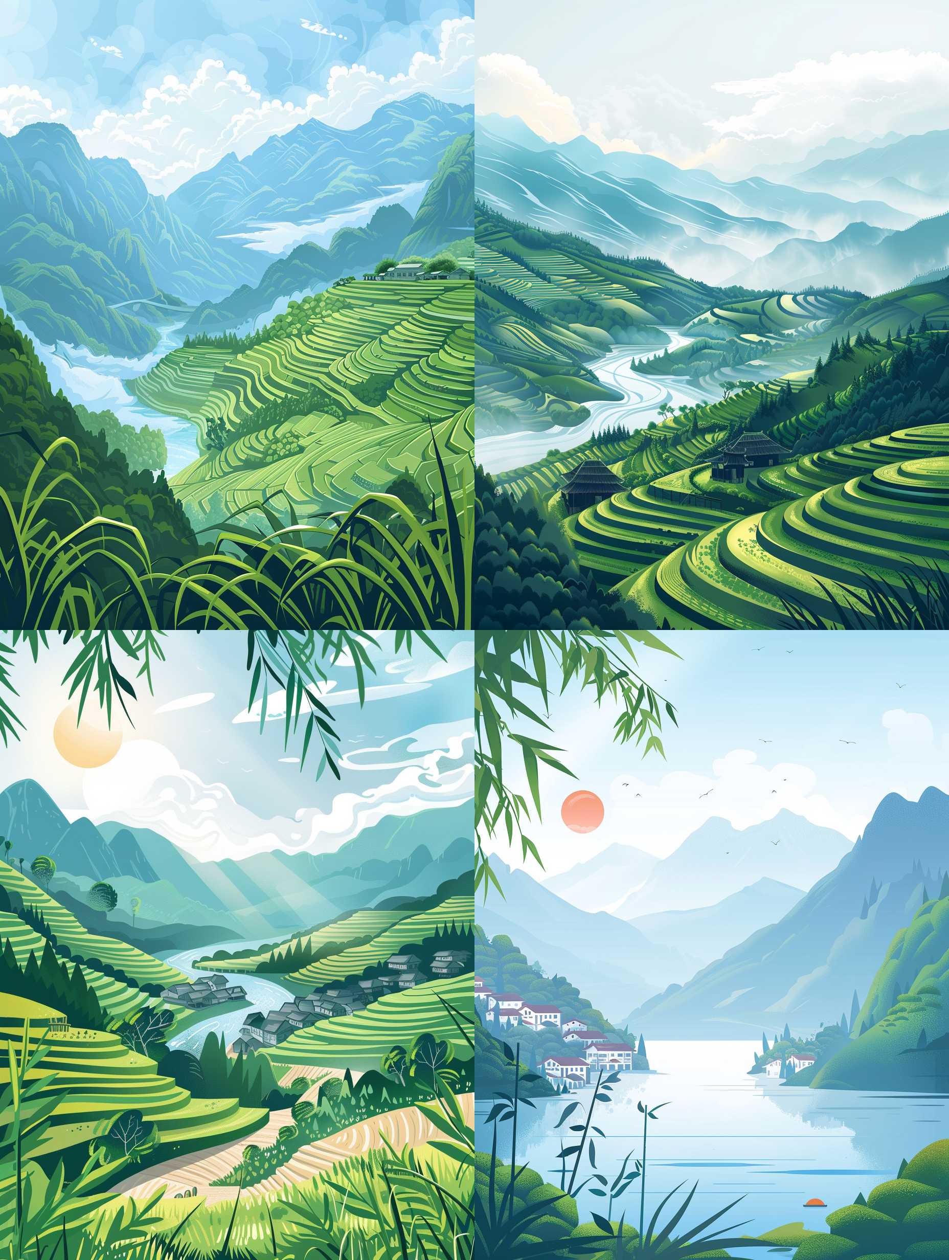 spring bright tones, mountains, clouds, water, terraces, mountain villages, willows, bamboo, wide angle，natural light, sun, blue sky,cinematic light, flat style, vector illustration, design style, ui，real photography, super detail，8k，best quality,